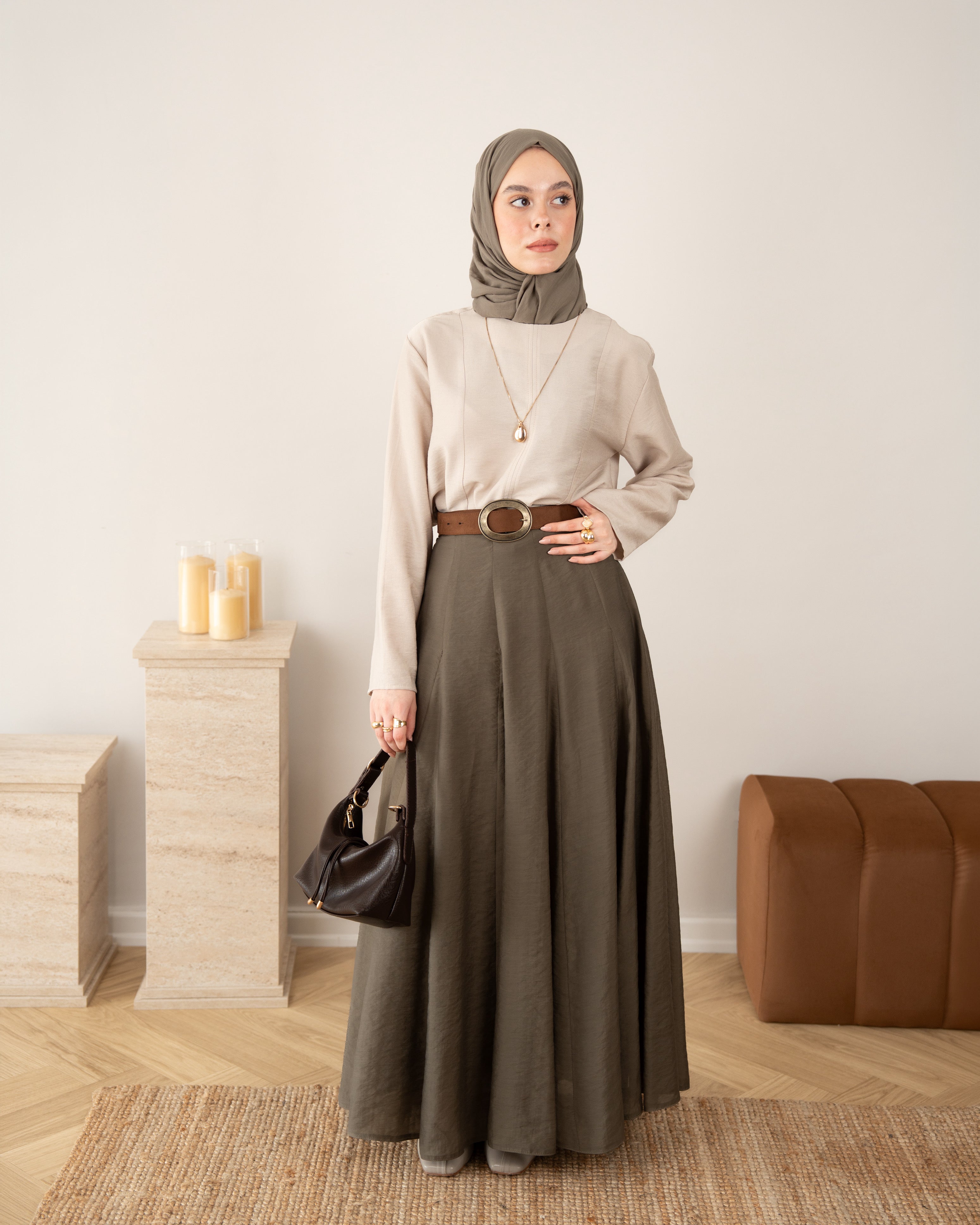 Flow Kup Dikişli Modal Etek KOYU VİZON