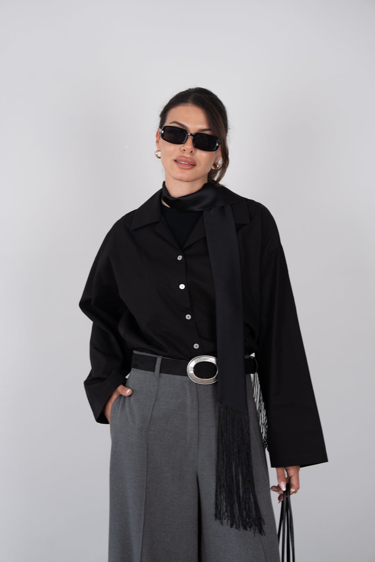 Pat Detaylı Oversize Gömlek SİYAH