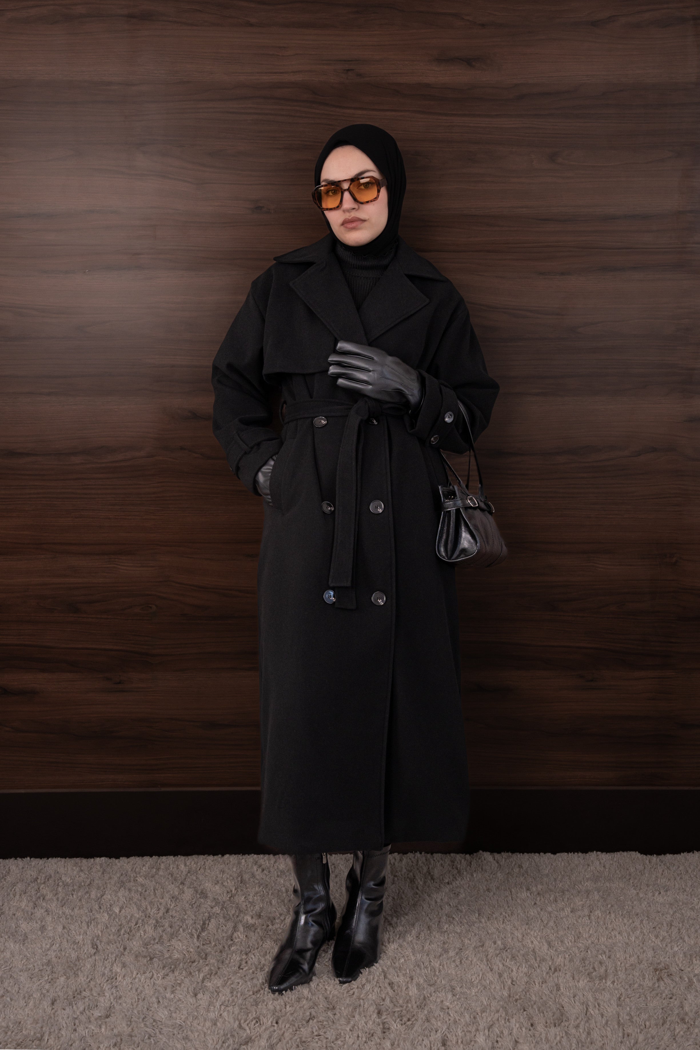 Premium Kaşe Trenç Kaban Siyah