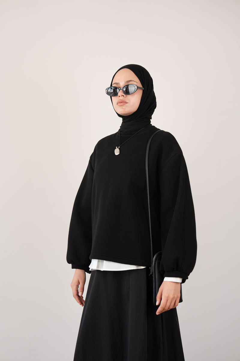 Bomber Kollu Basıc Sweatshirt Siyah