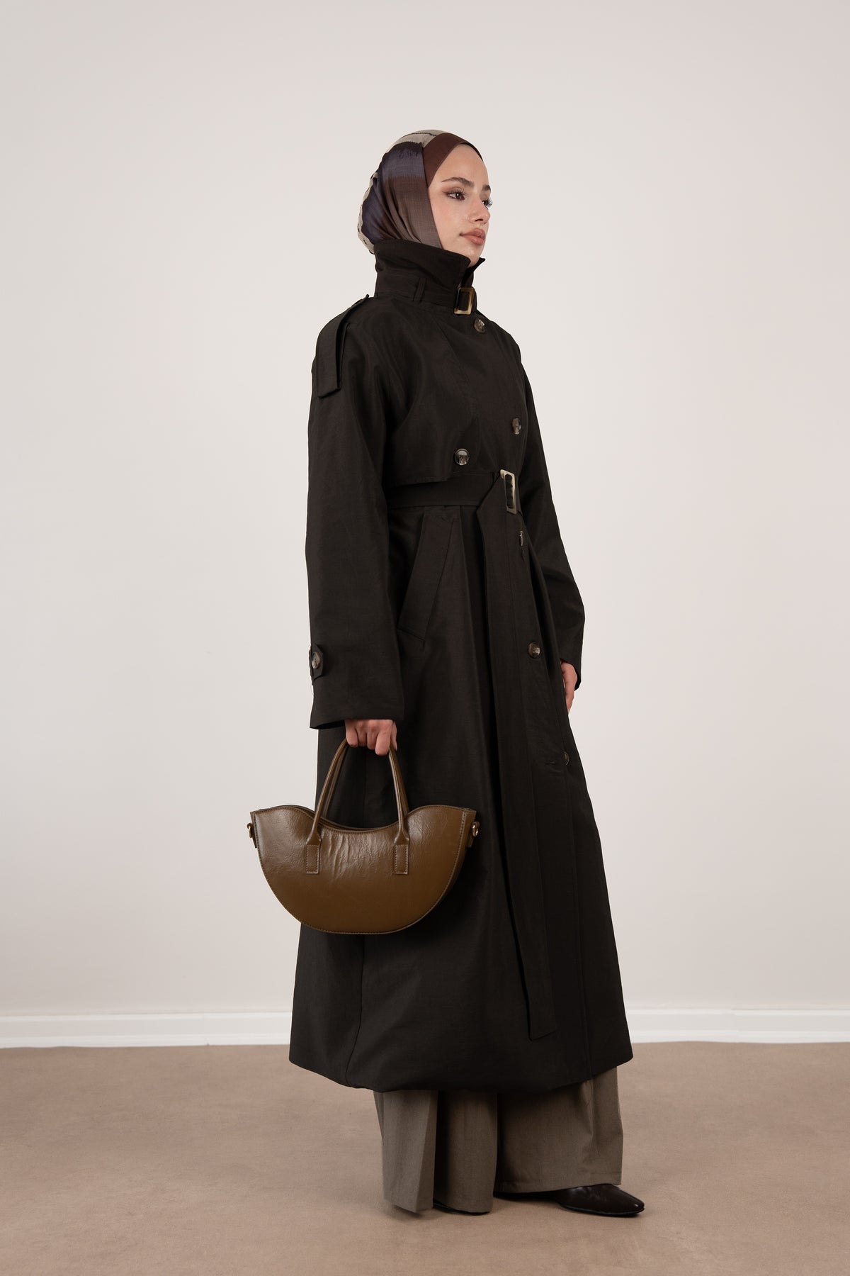 Düğme Detaylı Oversize Trençkot Kahverengi