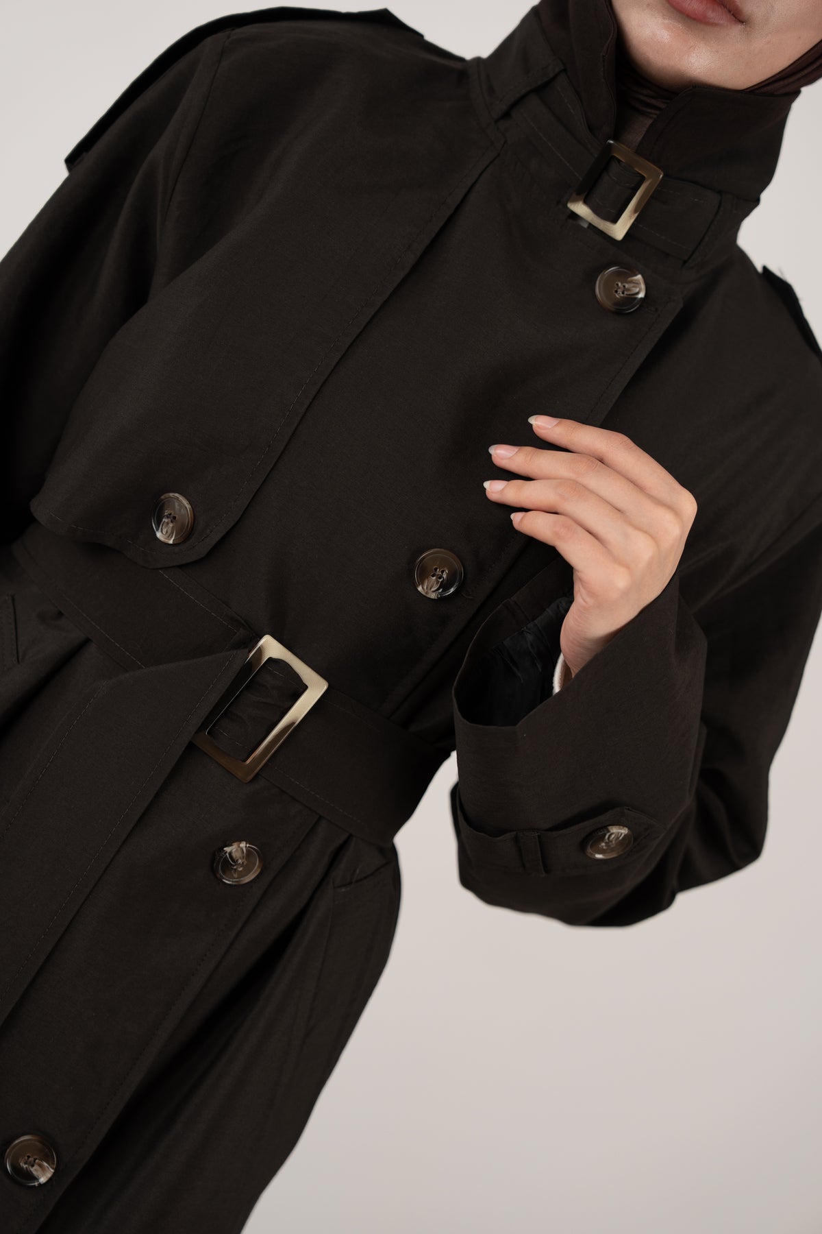 Düğme Detaylı Oversize Trençkot Kahverengi
