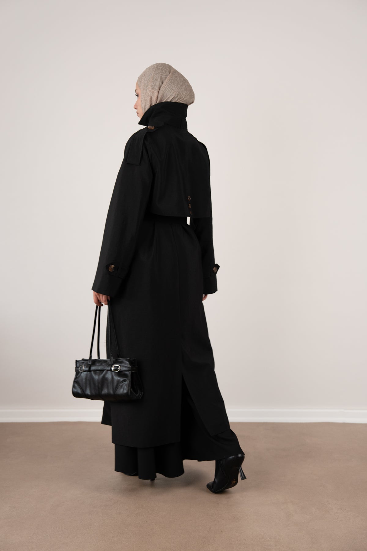 Düğme Detaylı Oversize Trençkot Siyah