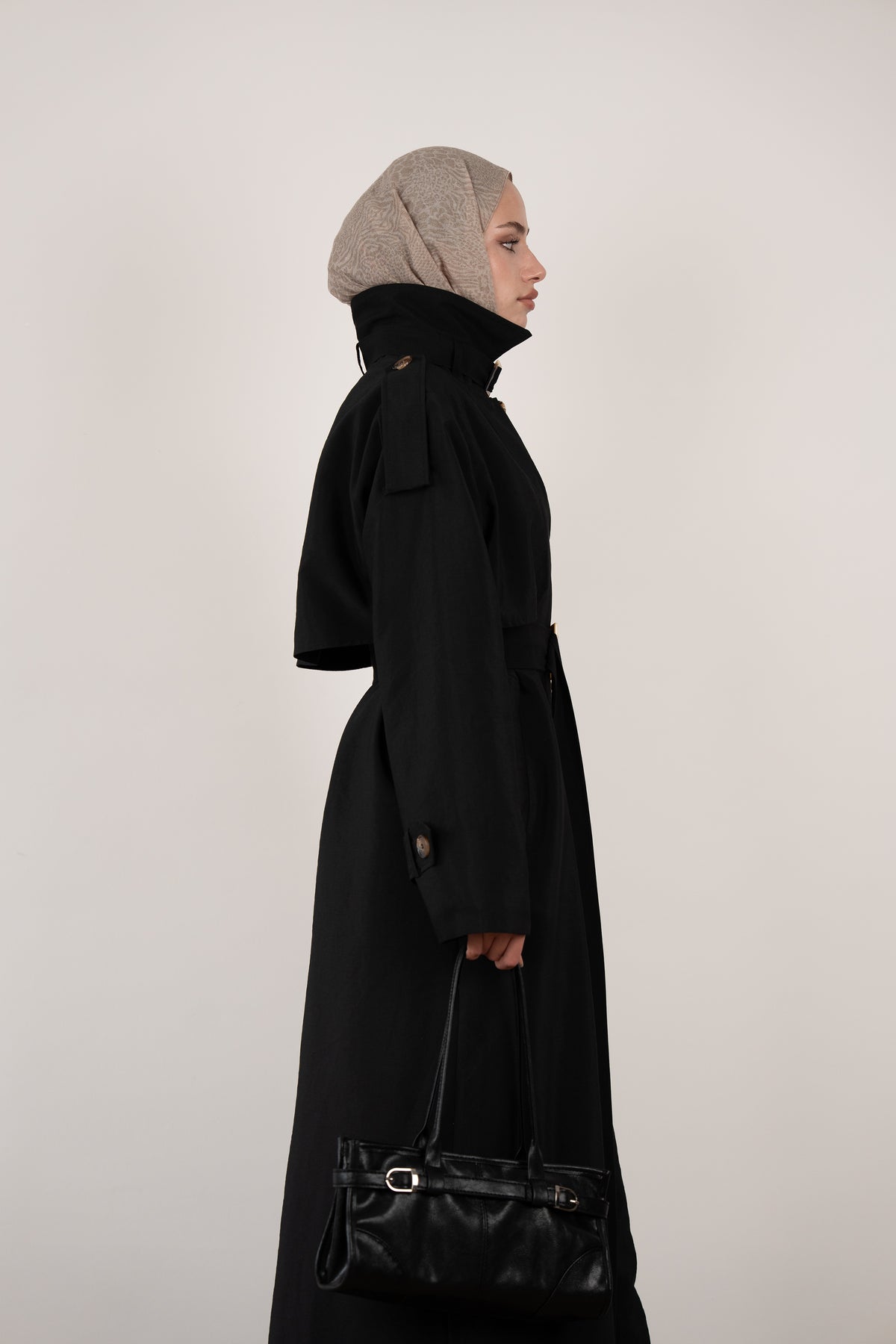Düğme Detaylı Oversize Trençkot Siyah