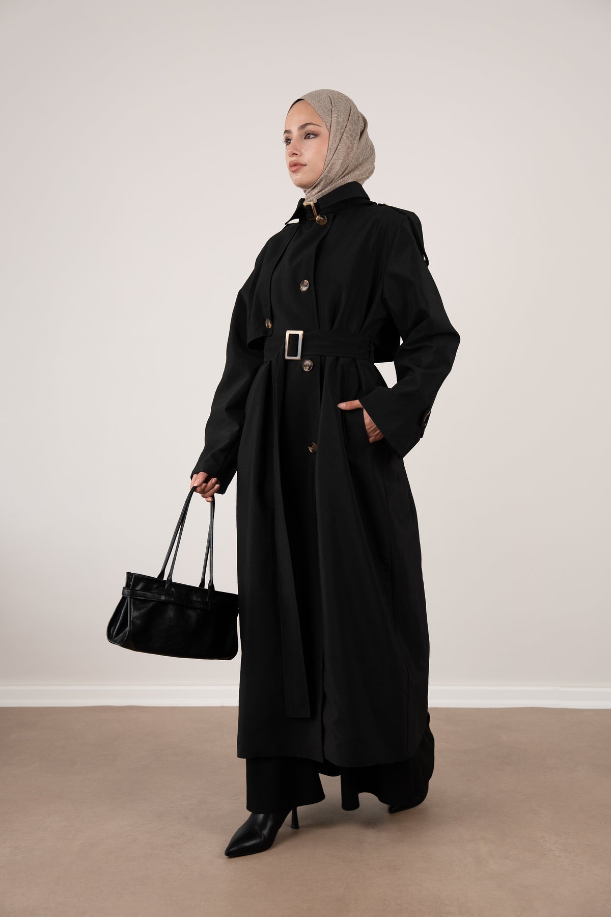 Düğme Detaylı Oversize Trençkot Siyah