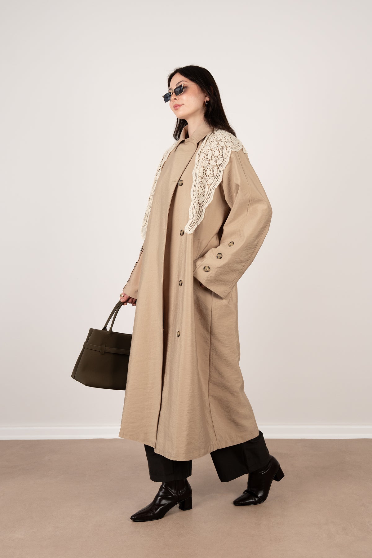 Düğme Detaylı Oversize Trençkot Bej