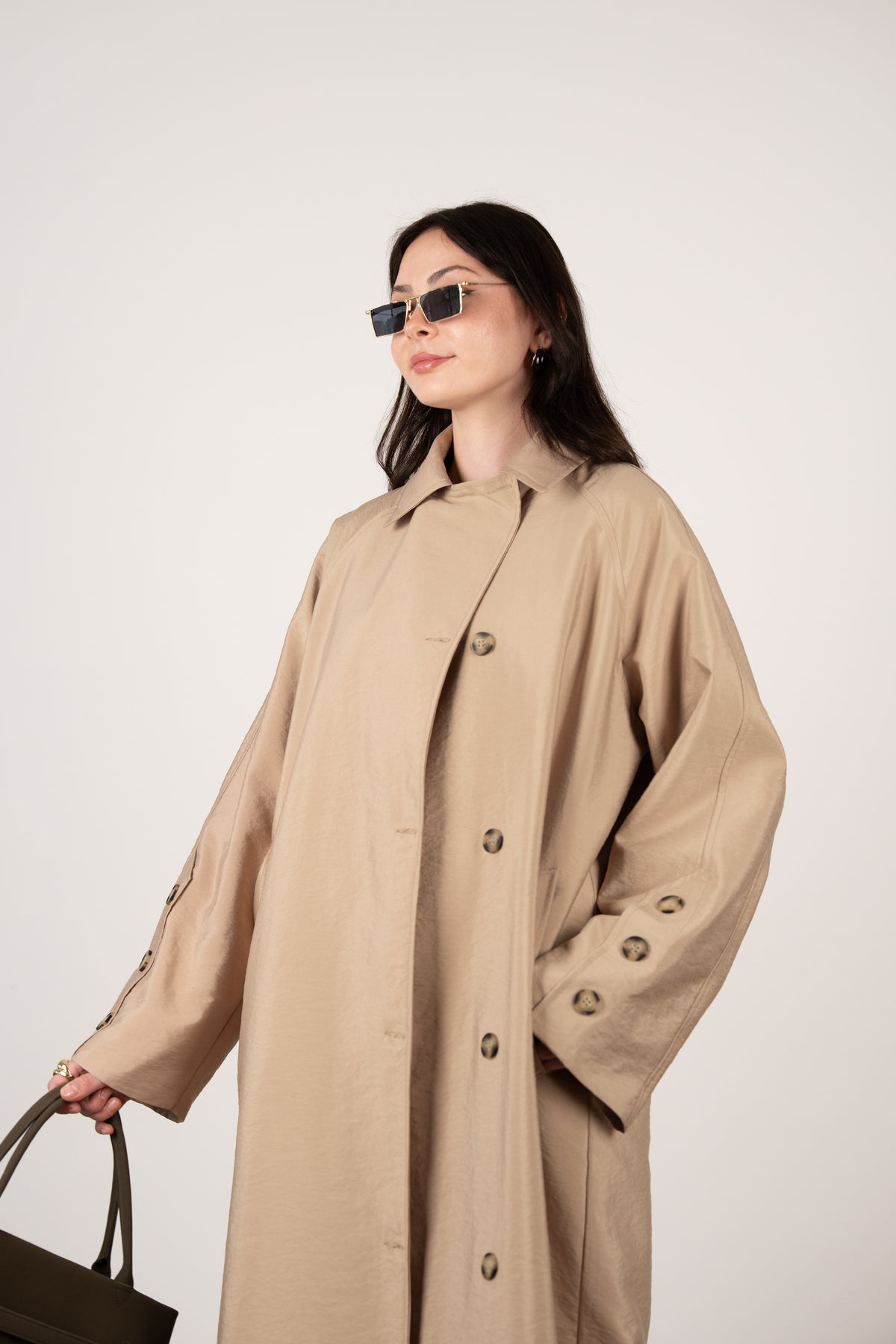 Düğme Detaylı Oversize Trençkot Bej