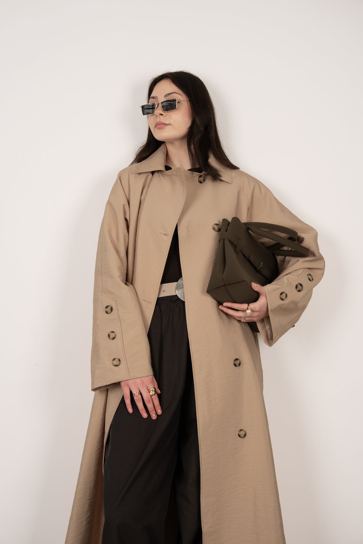 Düğme Detaylı Oversize Trençkot Bej