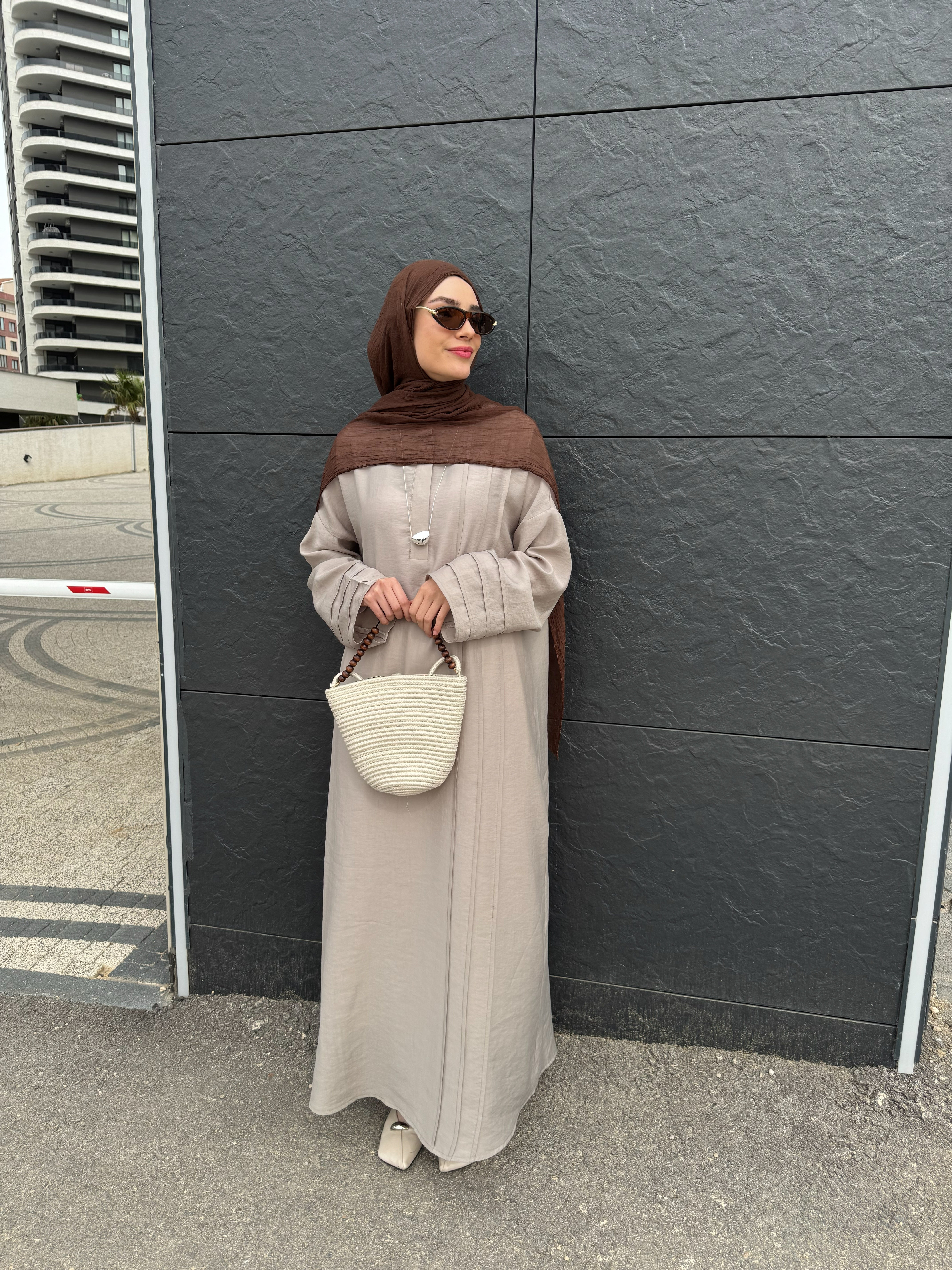 Nisa Nervürlü Elbise BEJ