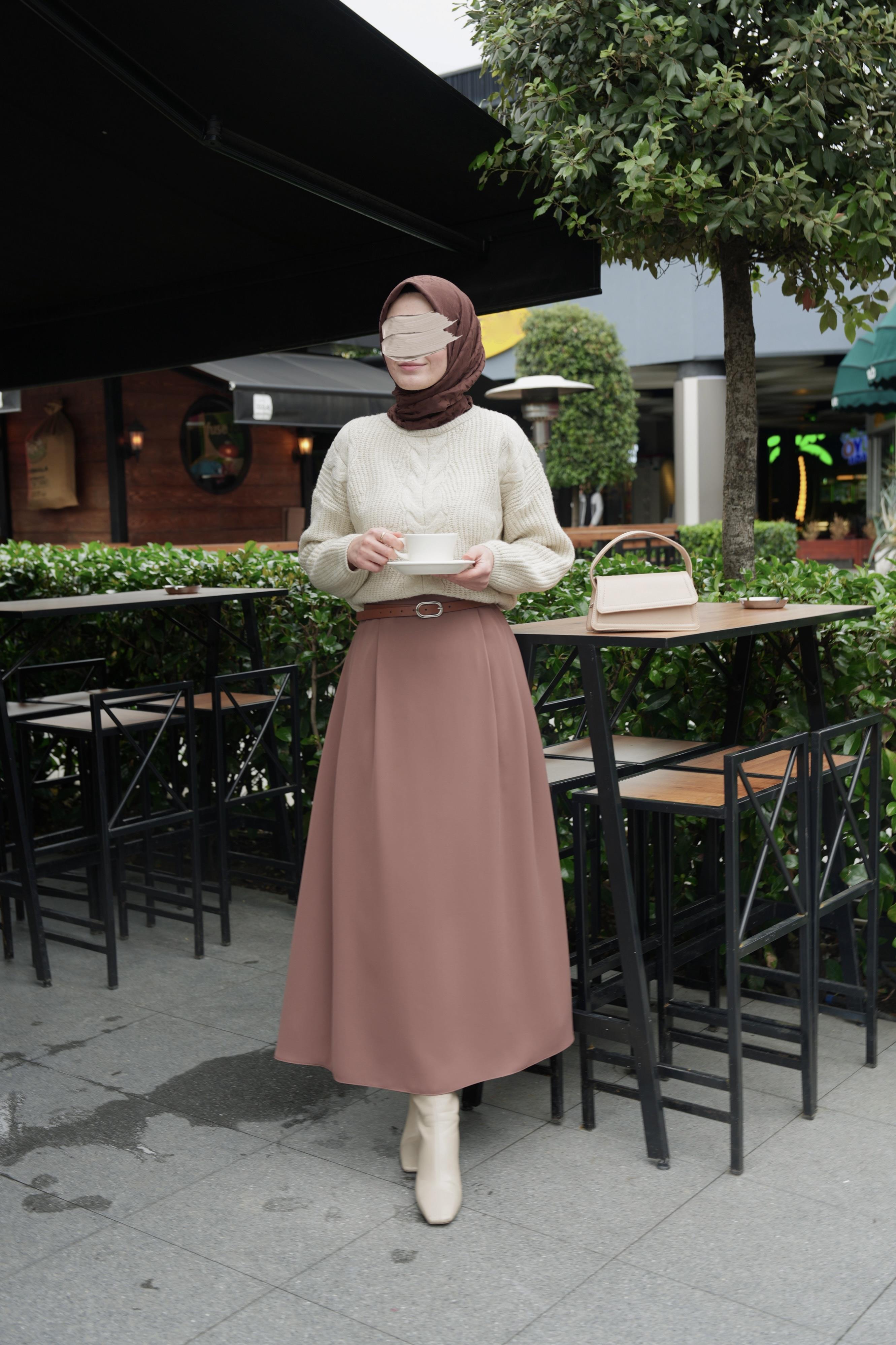 Çift Pileli A Kesim Etek SÜTLÜ KAHVE