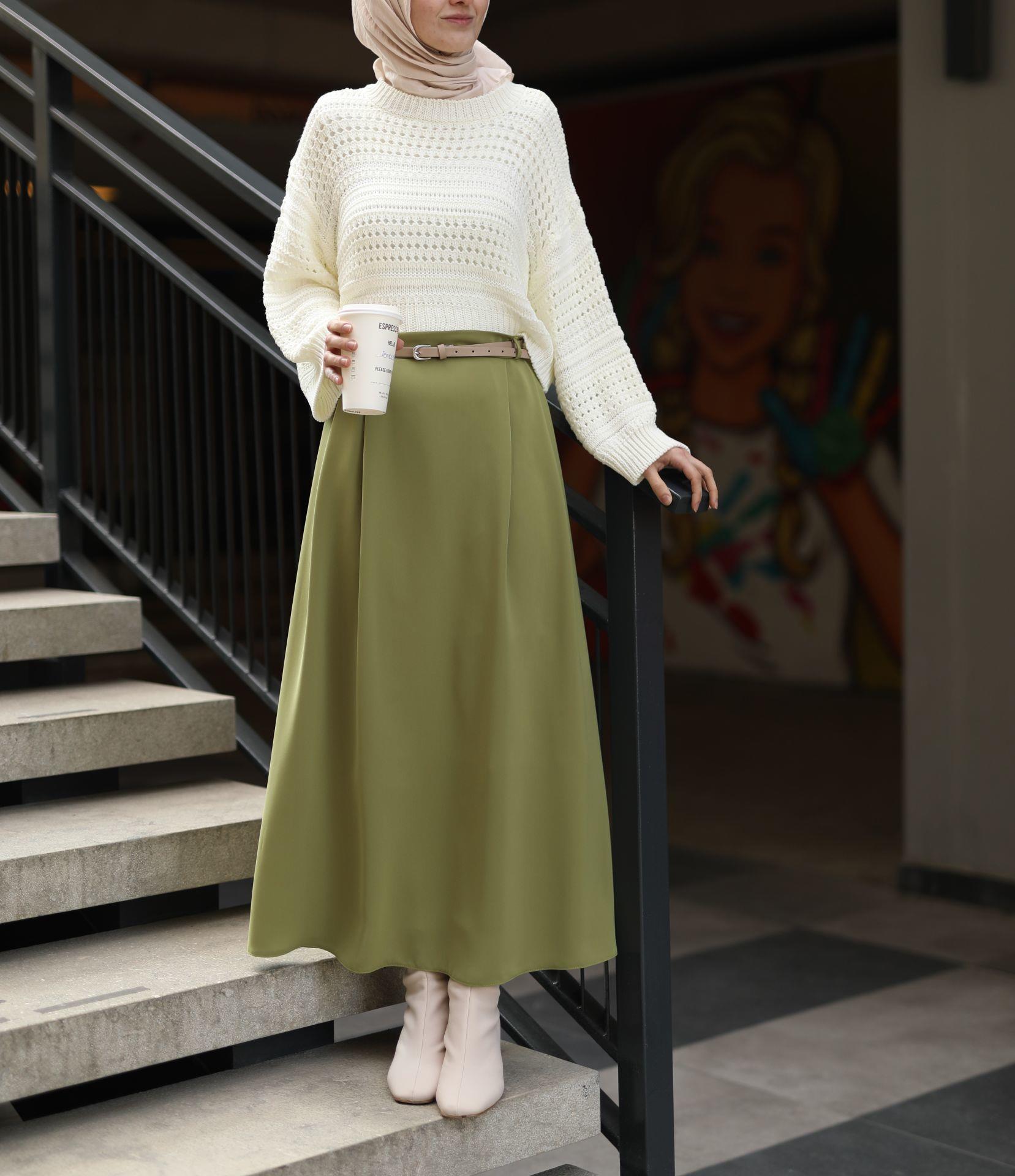 Çift Pileli A Kesim Etek Yağ Yeşili