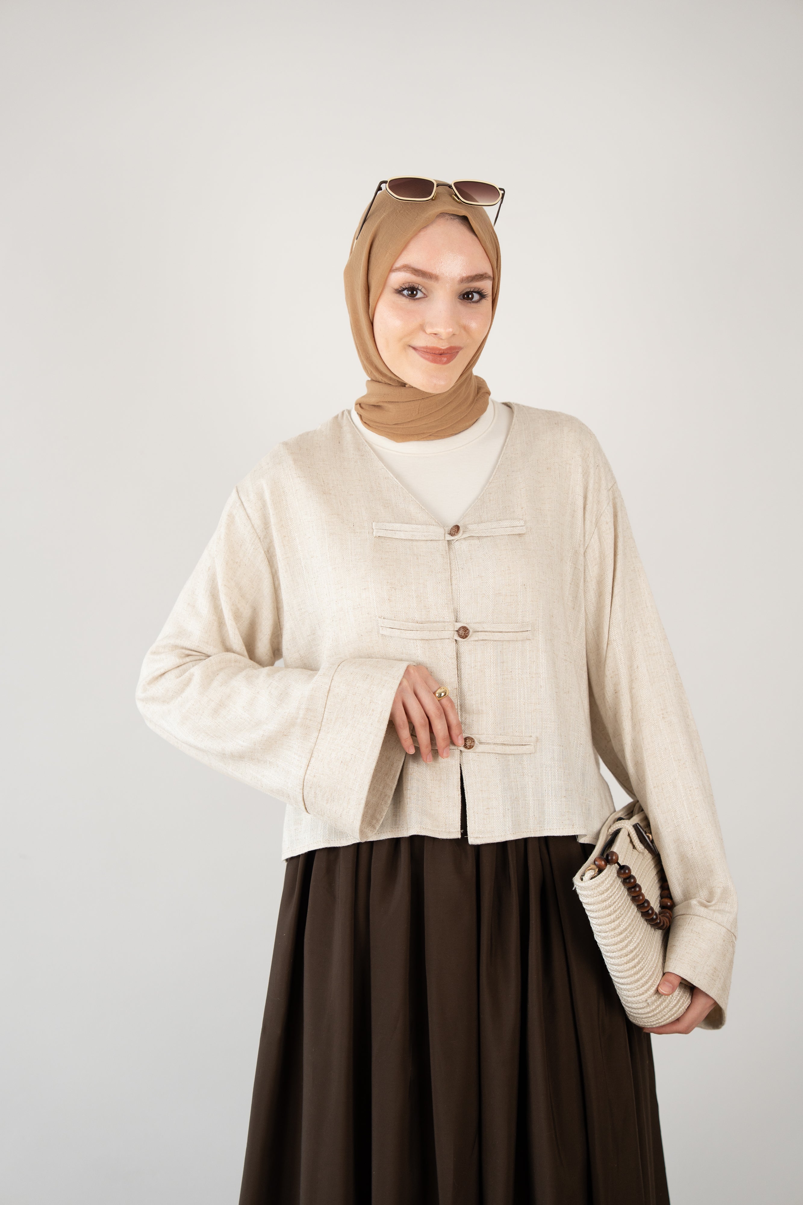 Keten Britli Kısa Kimono KREM