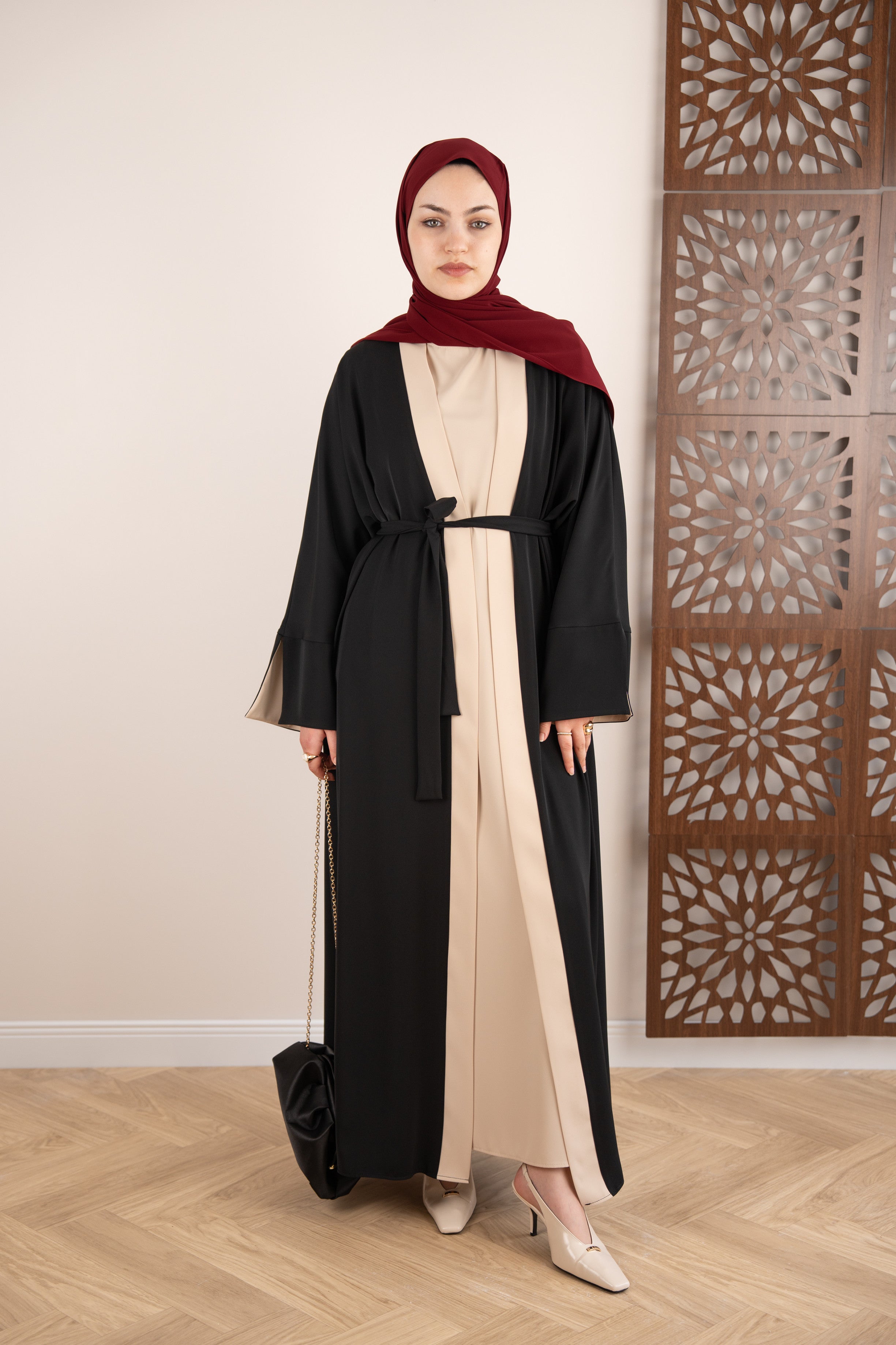 Garnili Abaya Takım Siyah-Bej