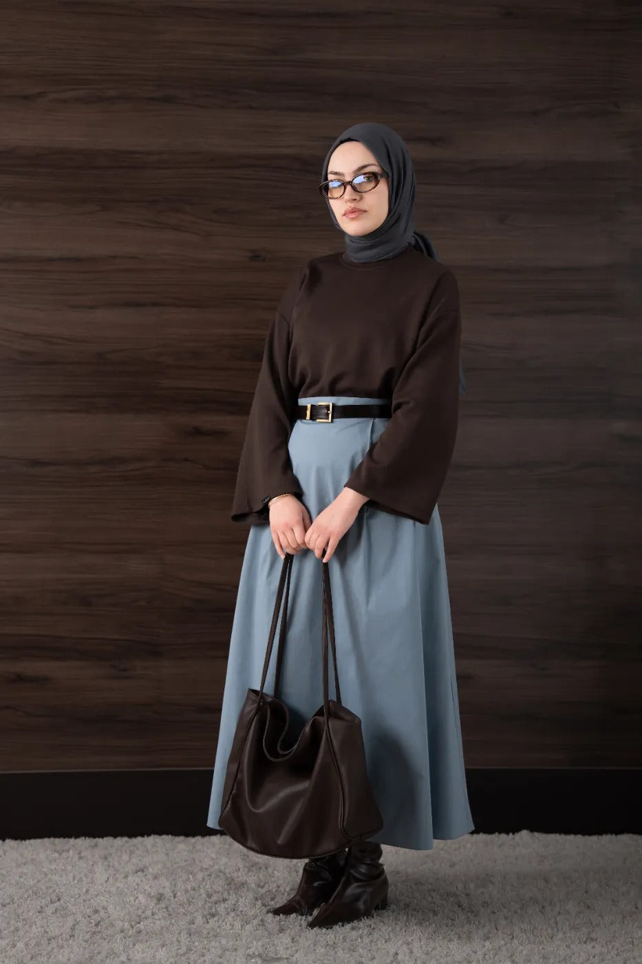 Çift Pileli Gabardin Etek MAVİ