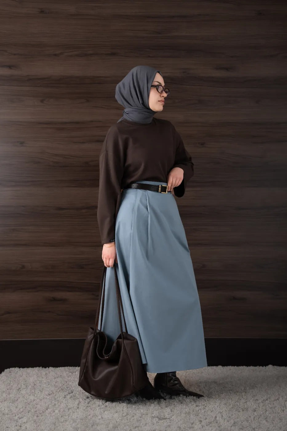 Çift Pileli Gabardin Etek MAVİ