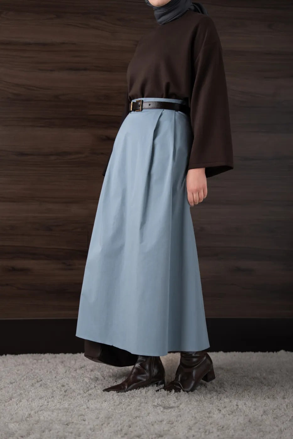 Çift Pileli Gabardin Etek Mavi