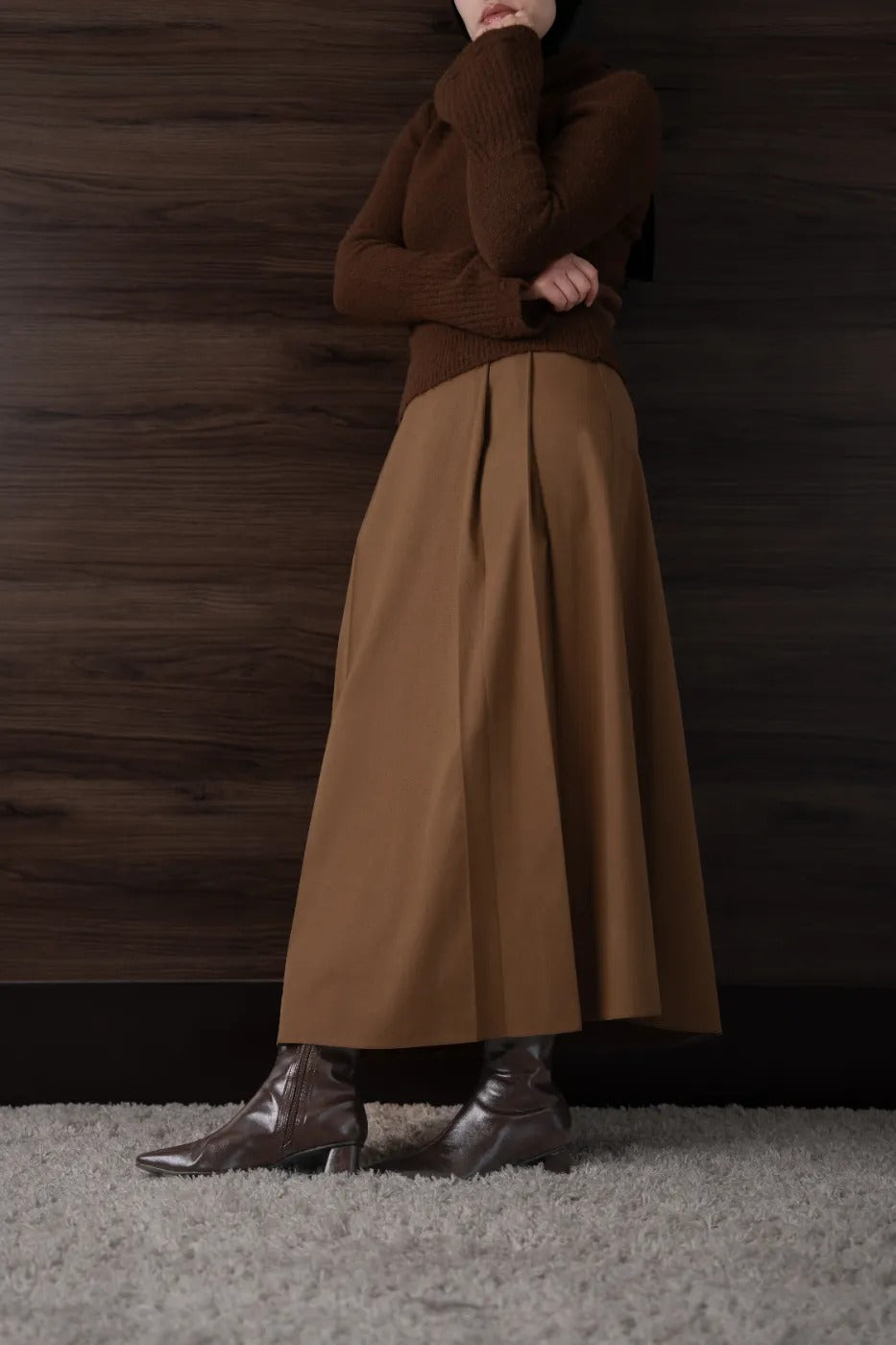 Çift Pileli Gabardin Etek Karamel