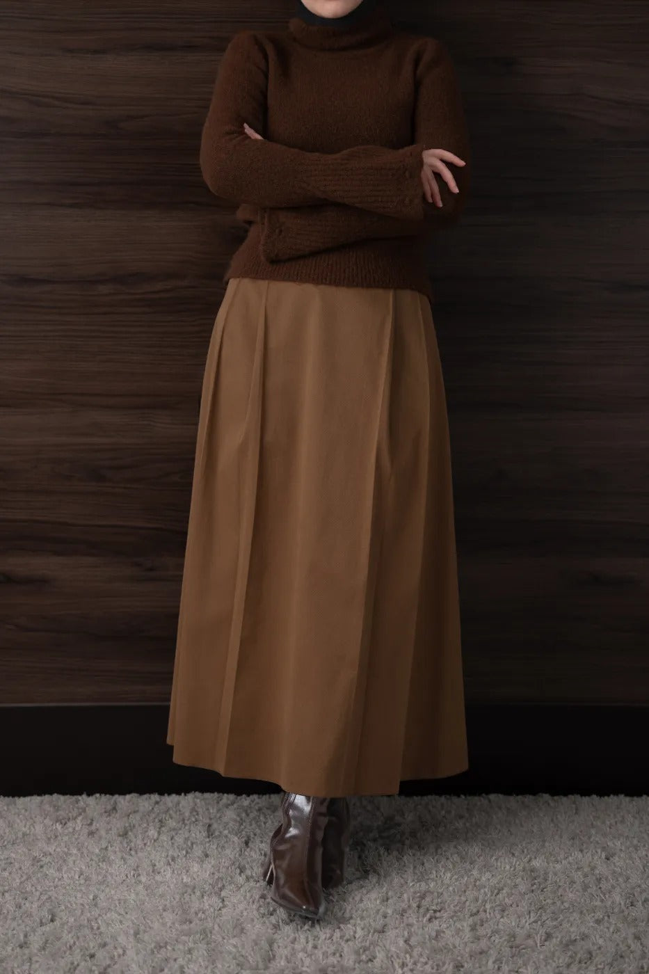 Çift Pileli Gabardin Etek Karamel