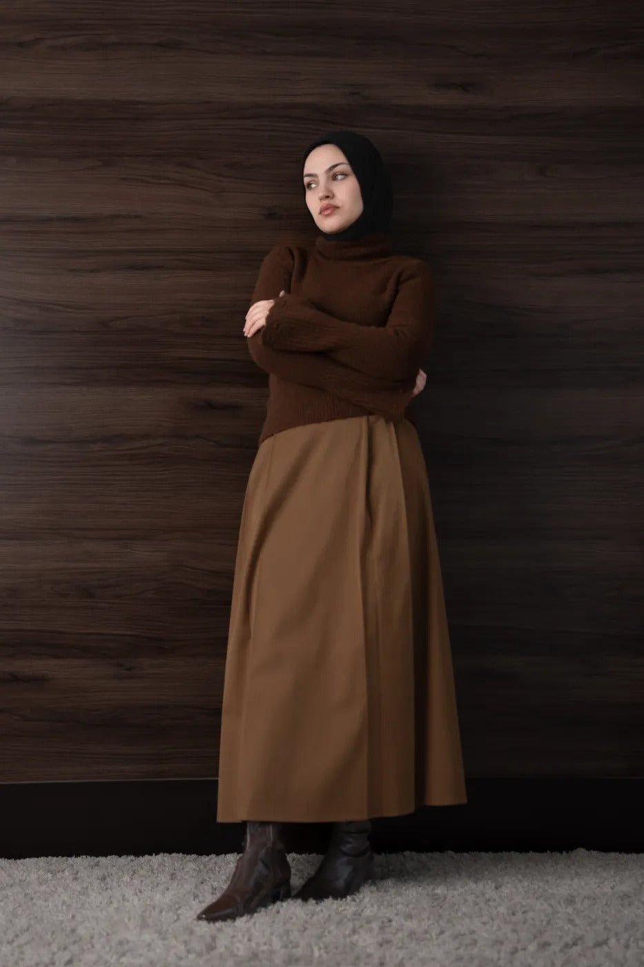 Çift Pileli Gabardin Etek Karamel