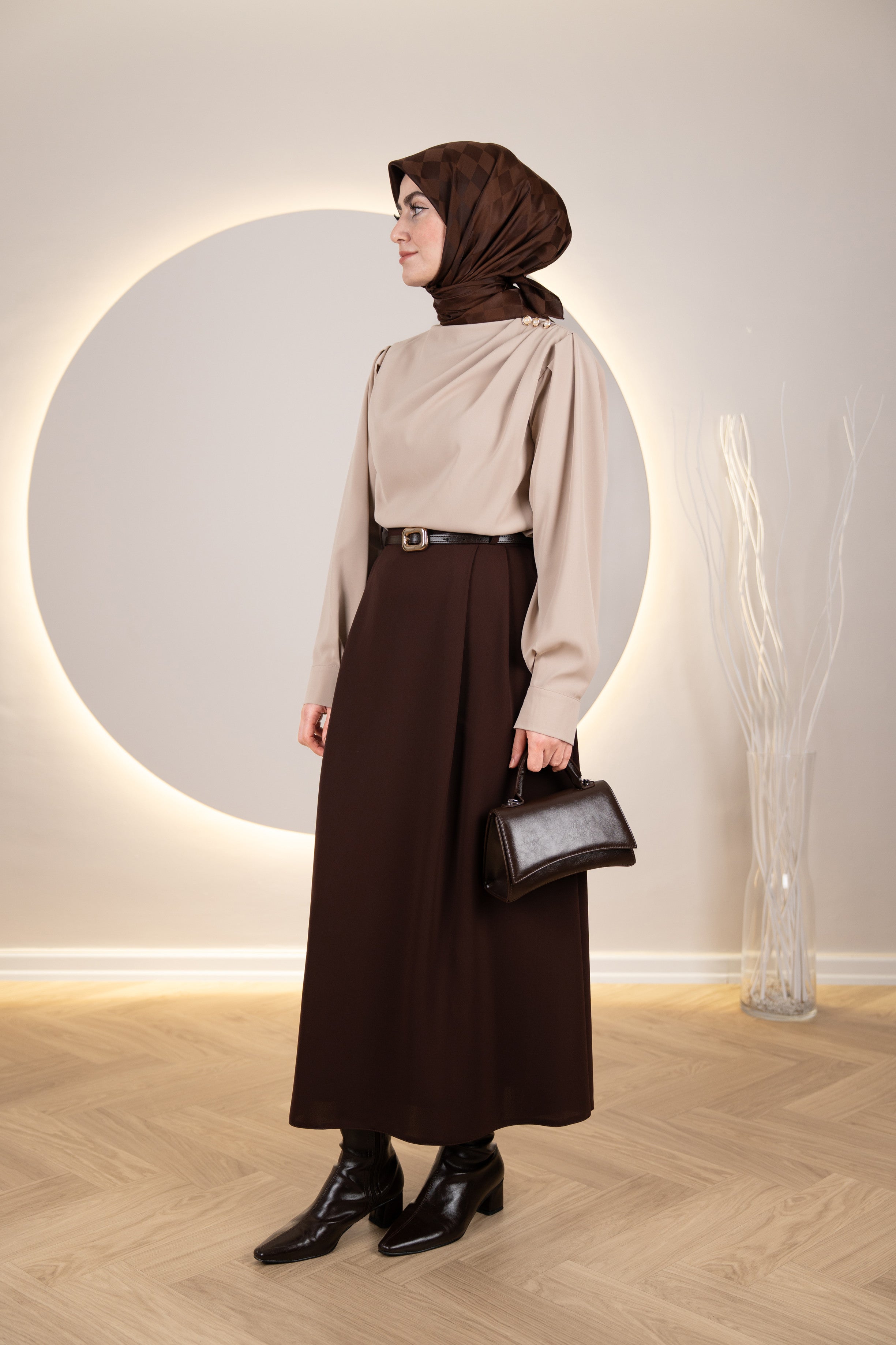 Çift Pileli A Kesim Etek KAHVERENGİ