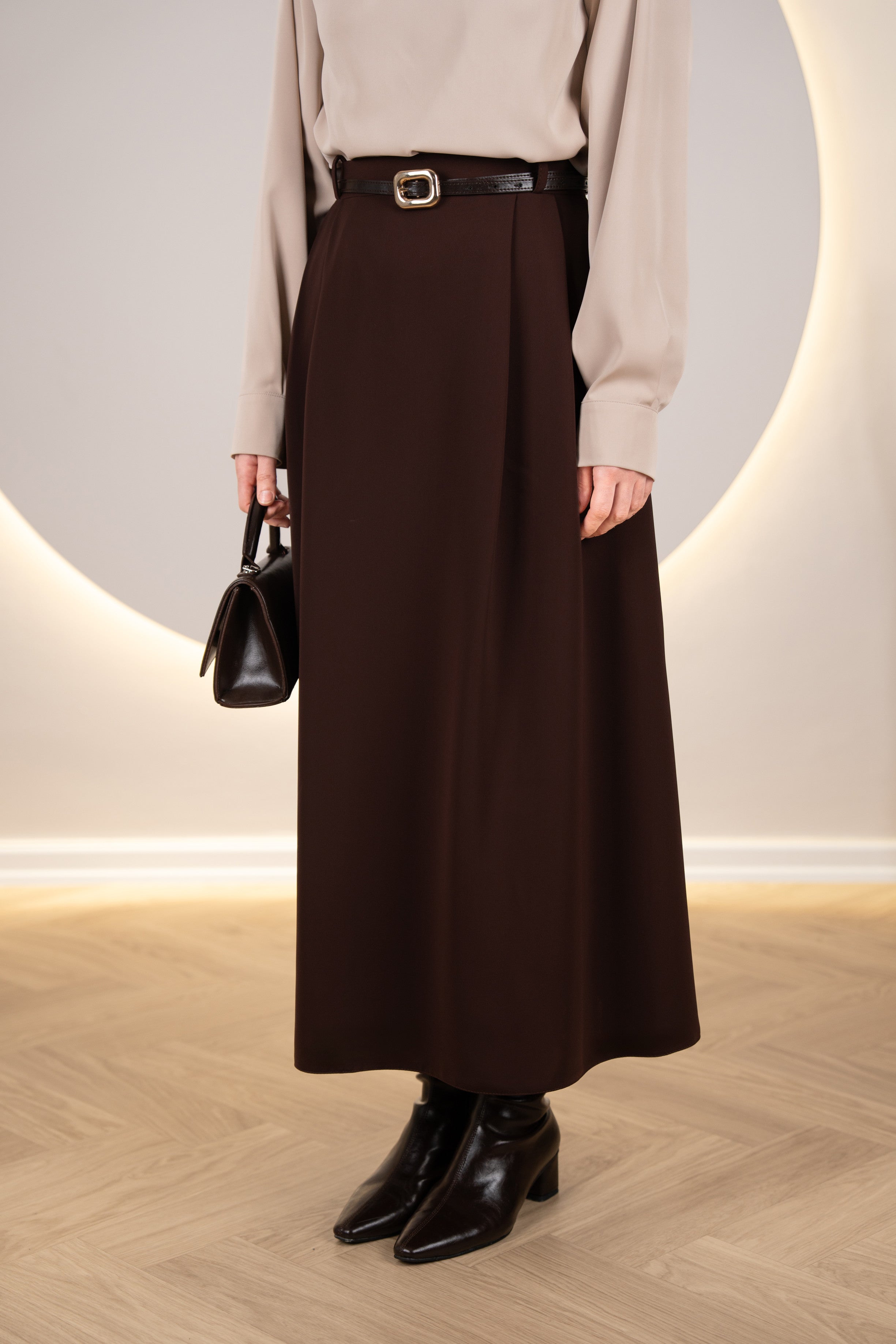 Çift Pileli A Kesim Etek KAHVERENGİ