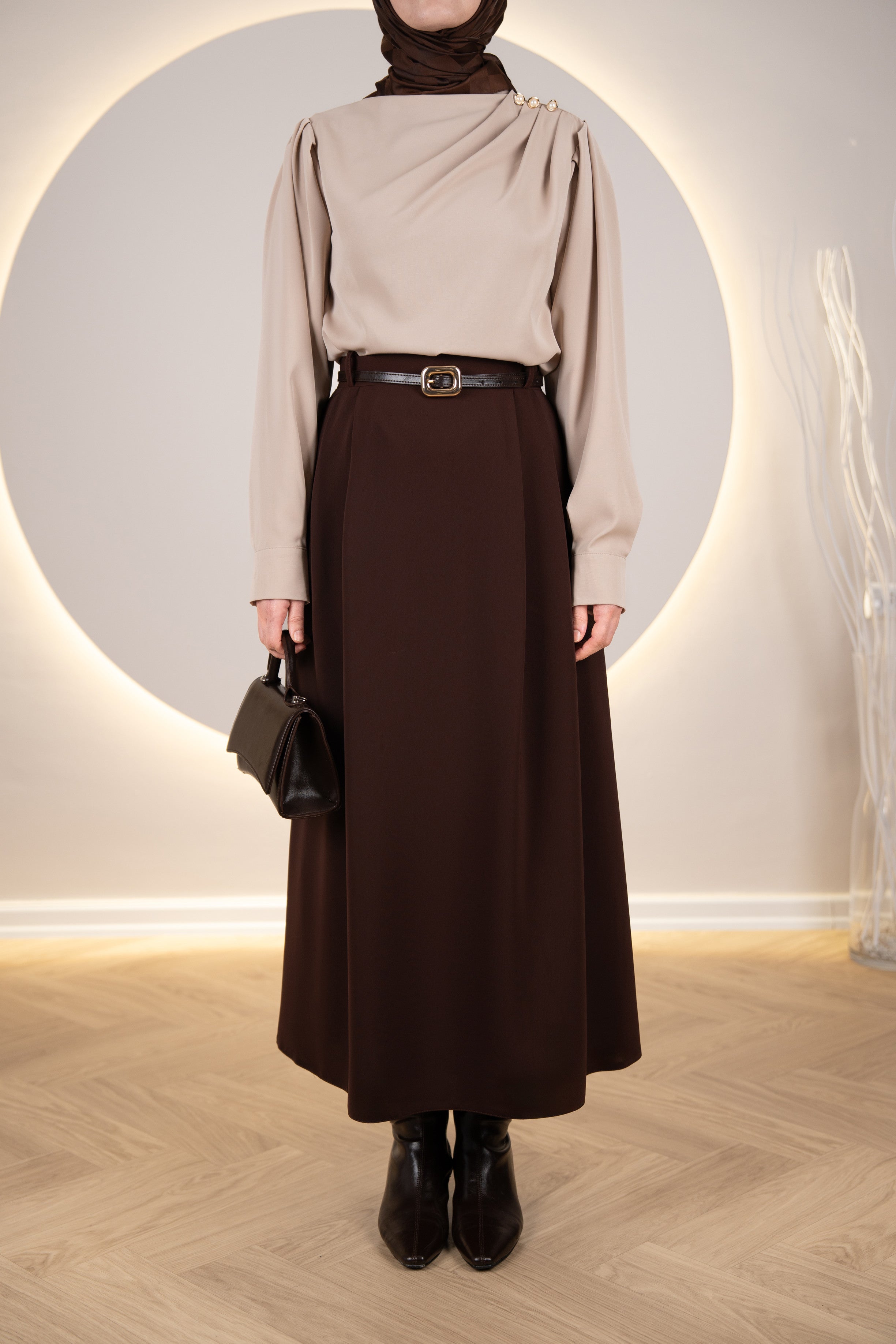 Çift Pileli A Kesim Etek KAHVERENGİ