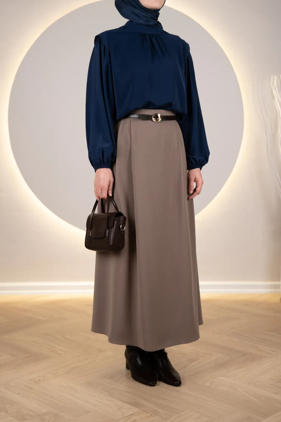 Çift Pileli A Kesim Etek VİZON