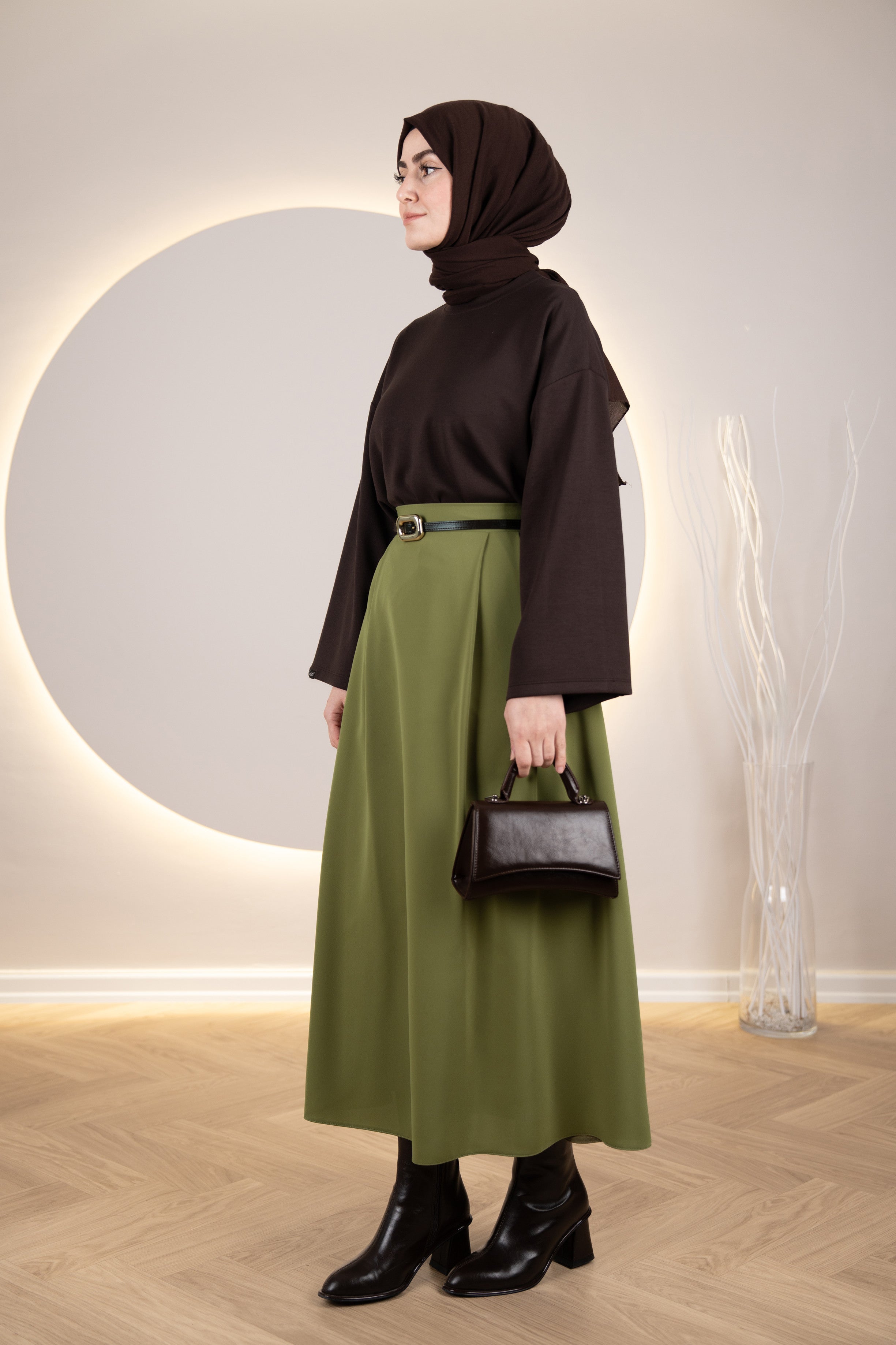 Çift Pileli A Kesim Etek YAĞ YEŞİLİ