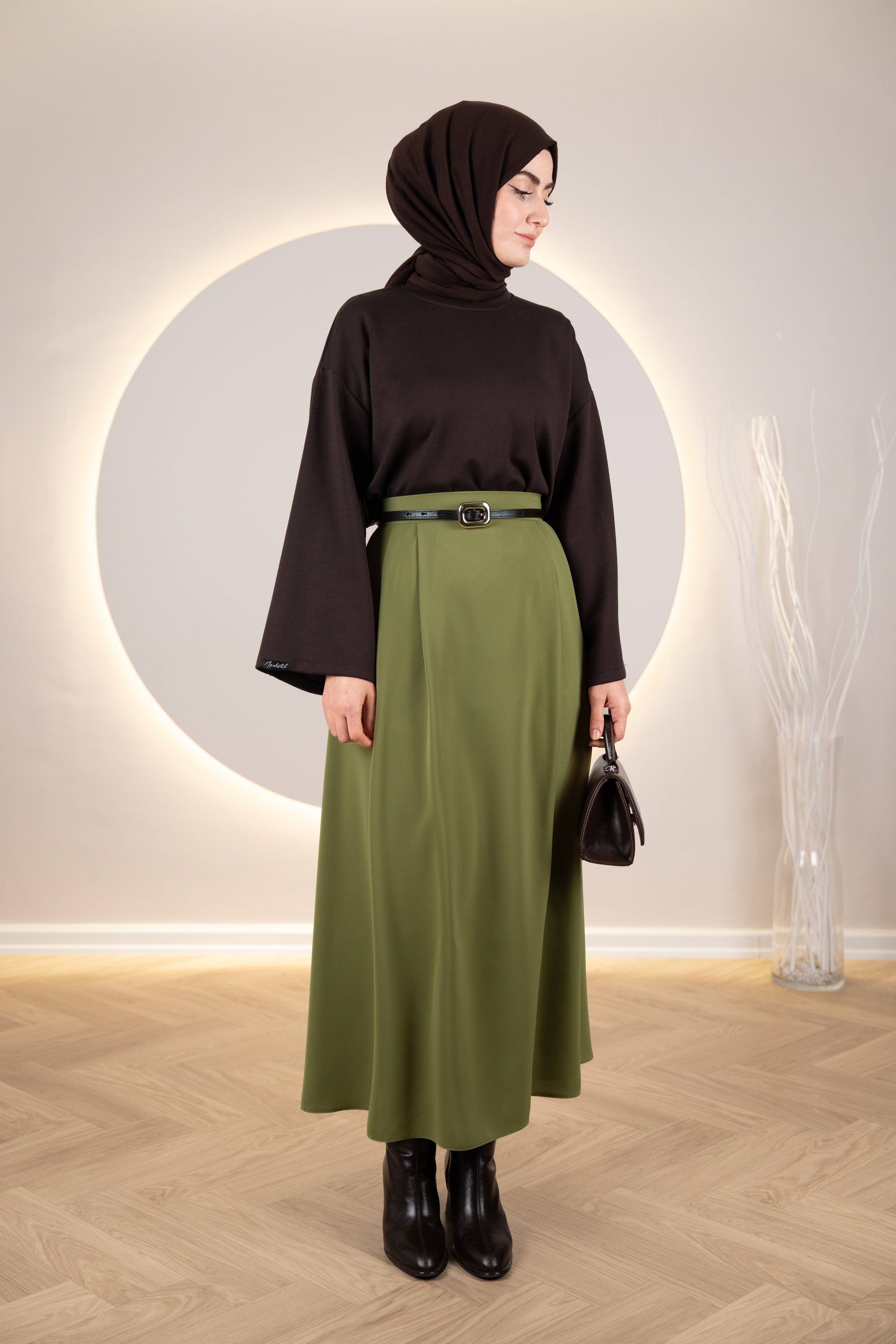 Çift Pileli A Kesim Etek YAĞ YEŞİLİ