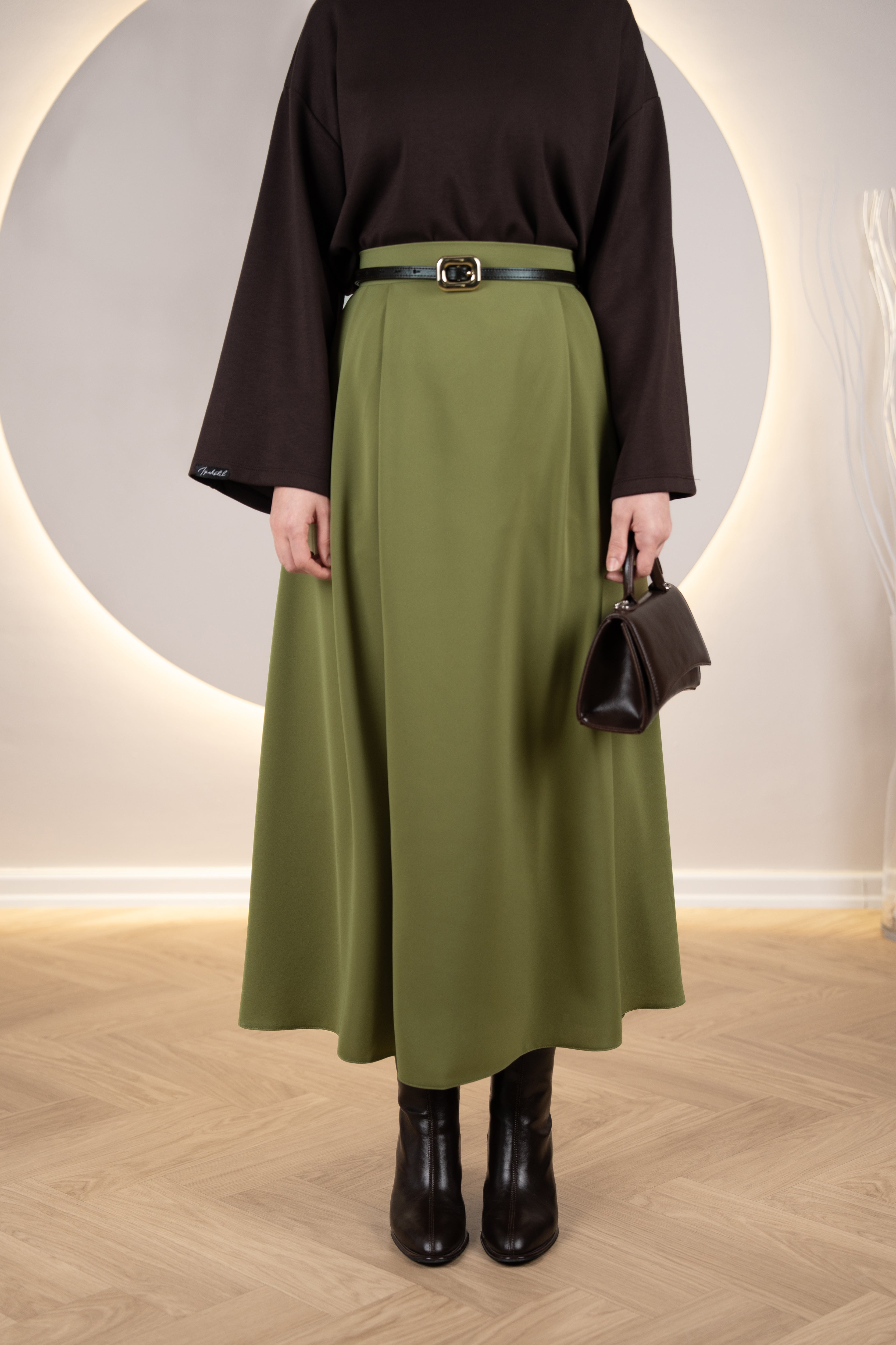 Çift Pileli A Kesim Etek YAĞ YEŞİLİ