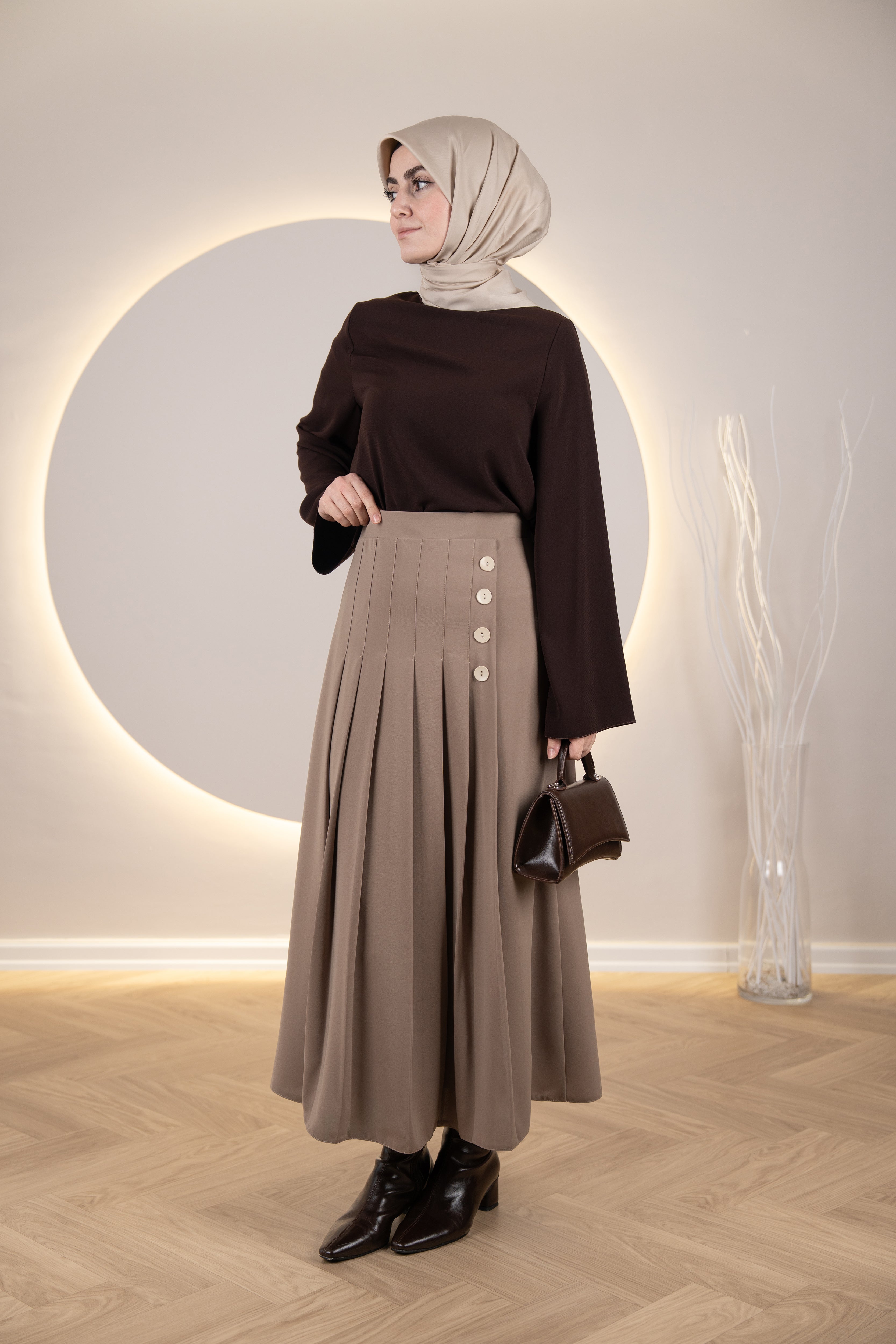 Pileli Yan Düğmeli Etek VİZON