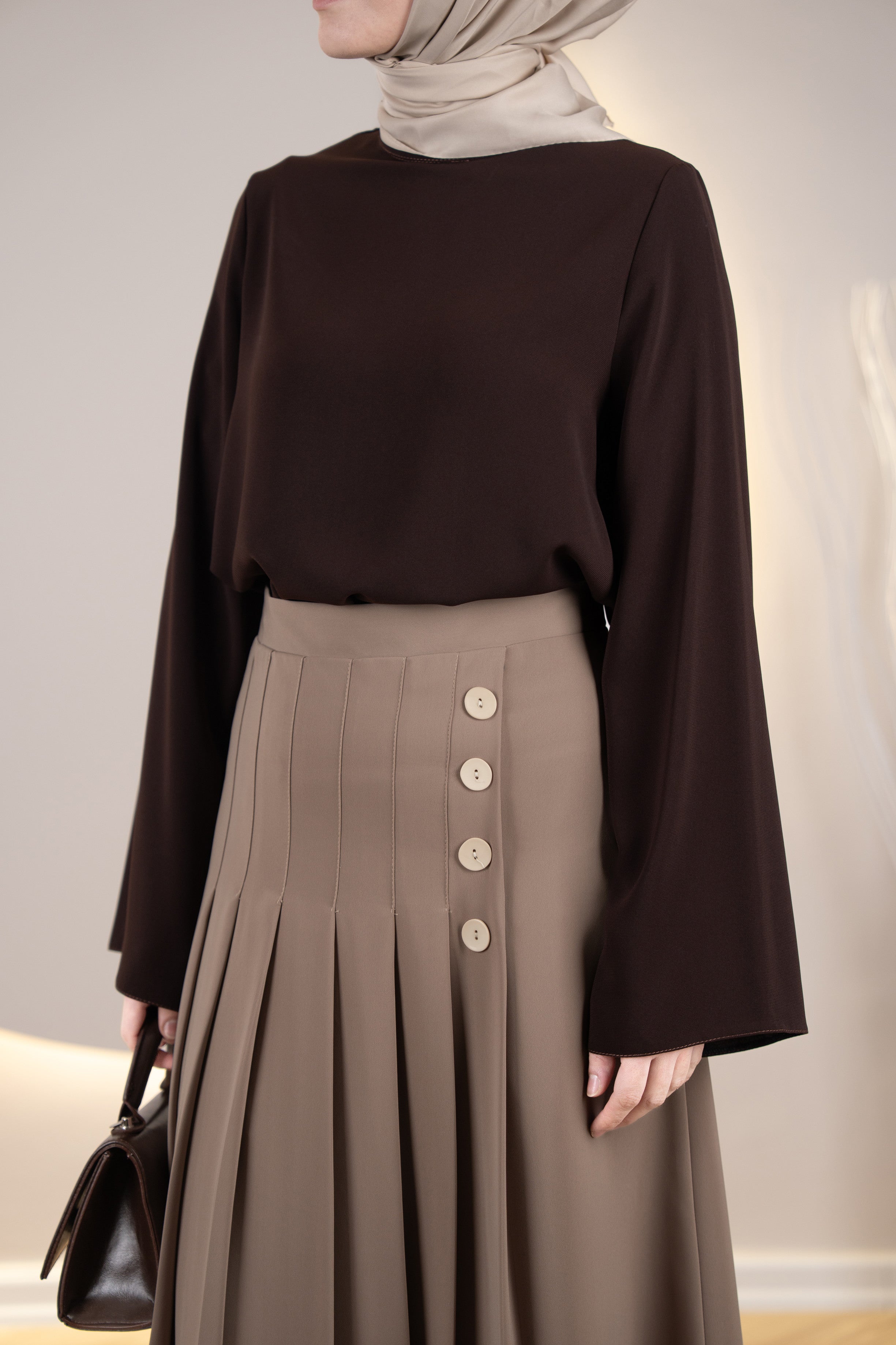 Pileli Yan Düğmeli Etek VİZON