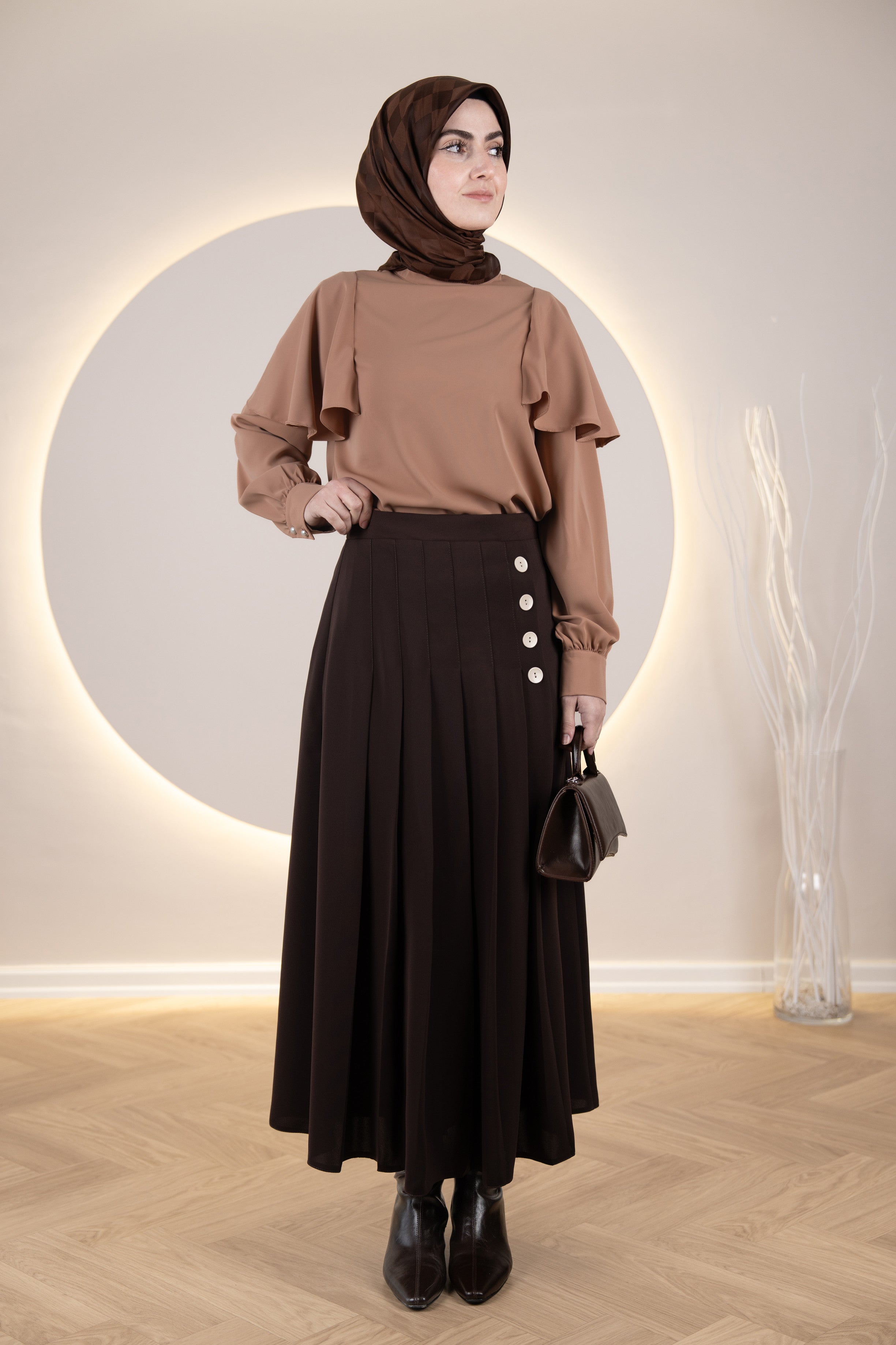 Pileli Yan Düğmeli Etek KAHVERENGİ