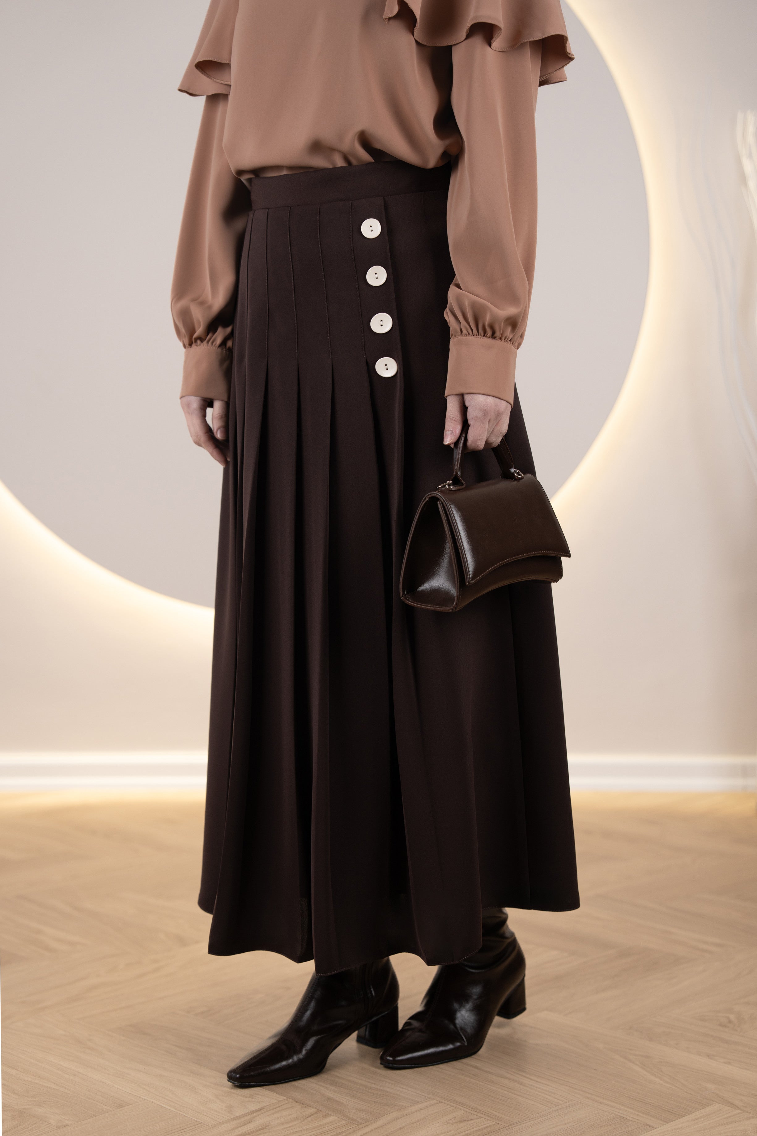 Pileli Yan Düğmeli Etek KAHVERENGİ