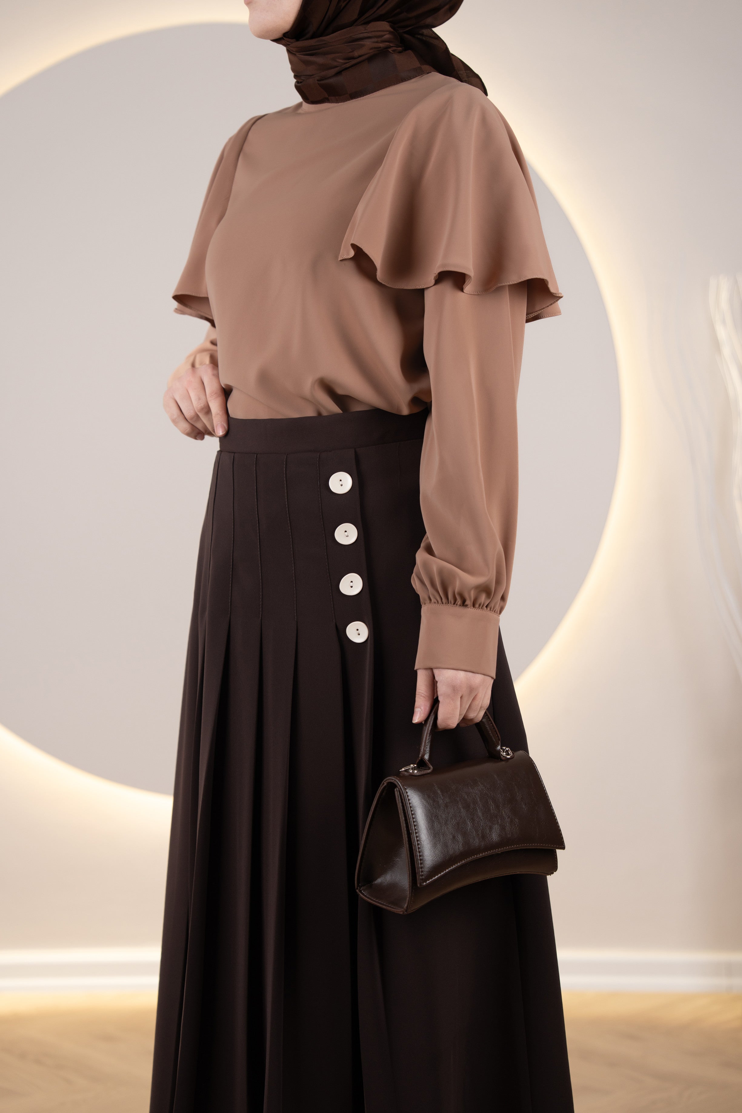 Pileli Yan Düğmeli Etek KAHVERENGİ