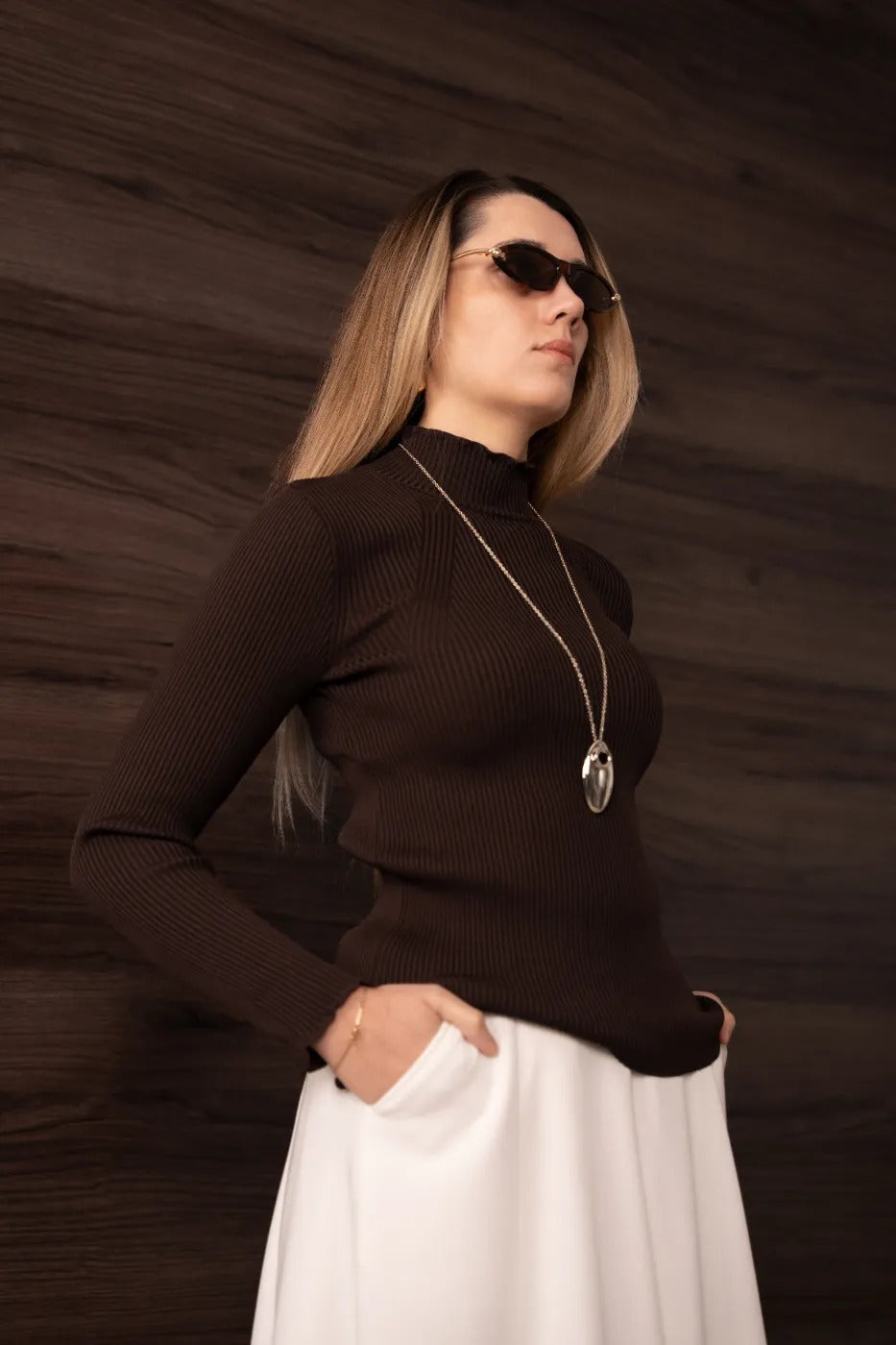 Dik Yaka Triko Body KAHVERENGİ