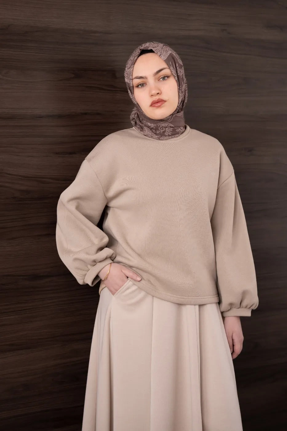 Bomber Kollu Basıc Sweatshirt Bej