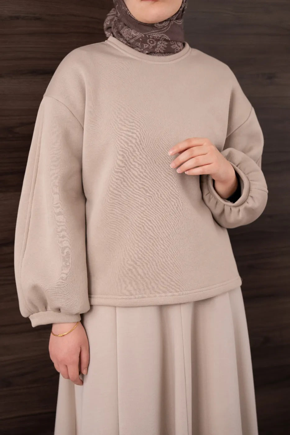 Bomber Kollu Basıc Sweatshirt BEJ