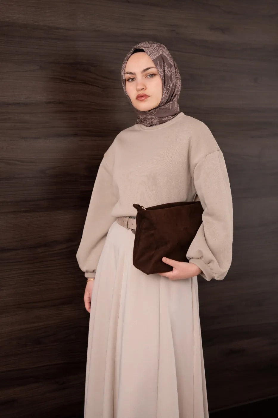 Bomber Kollu Basıc Sweatshirt BEJ