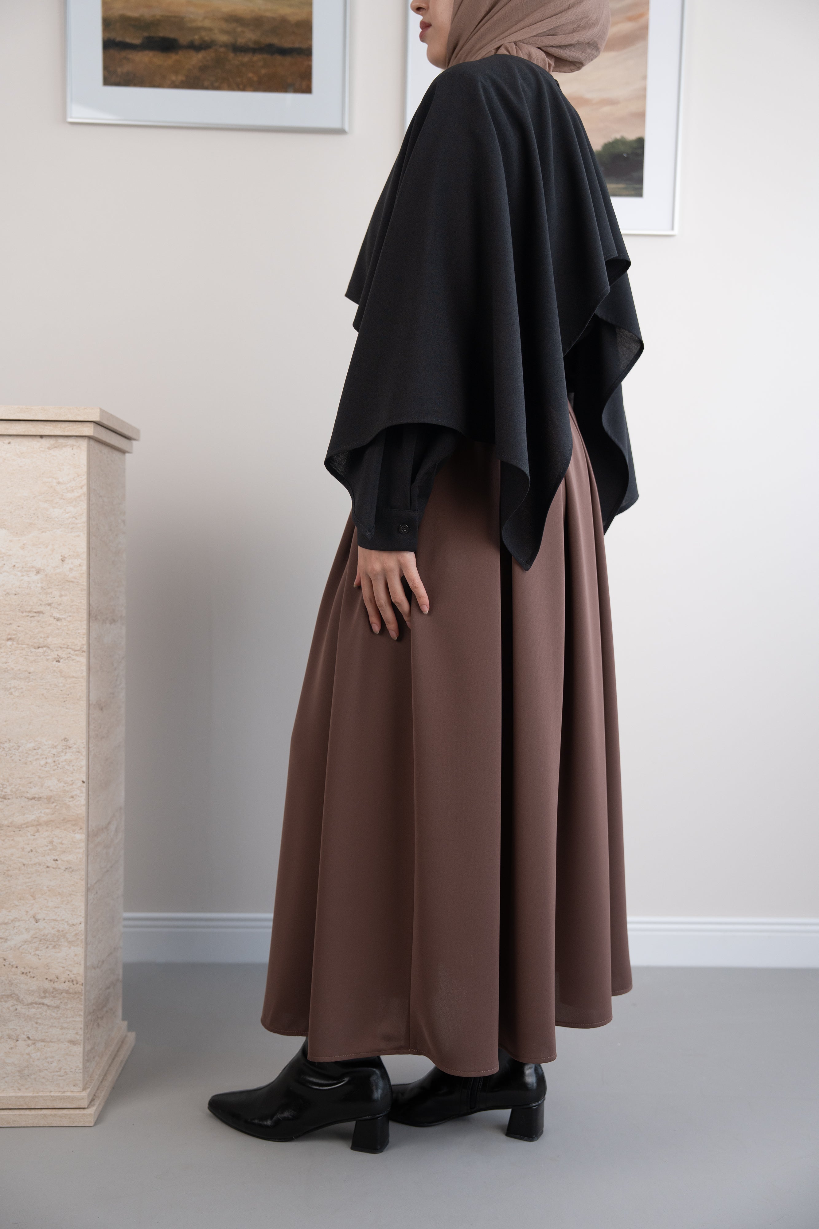 Geniş Pileli Etek Sütlü Kahve