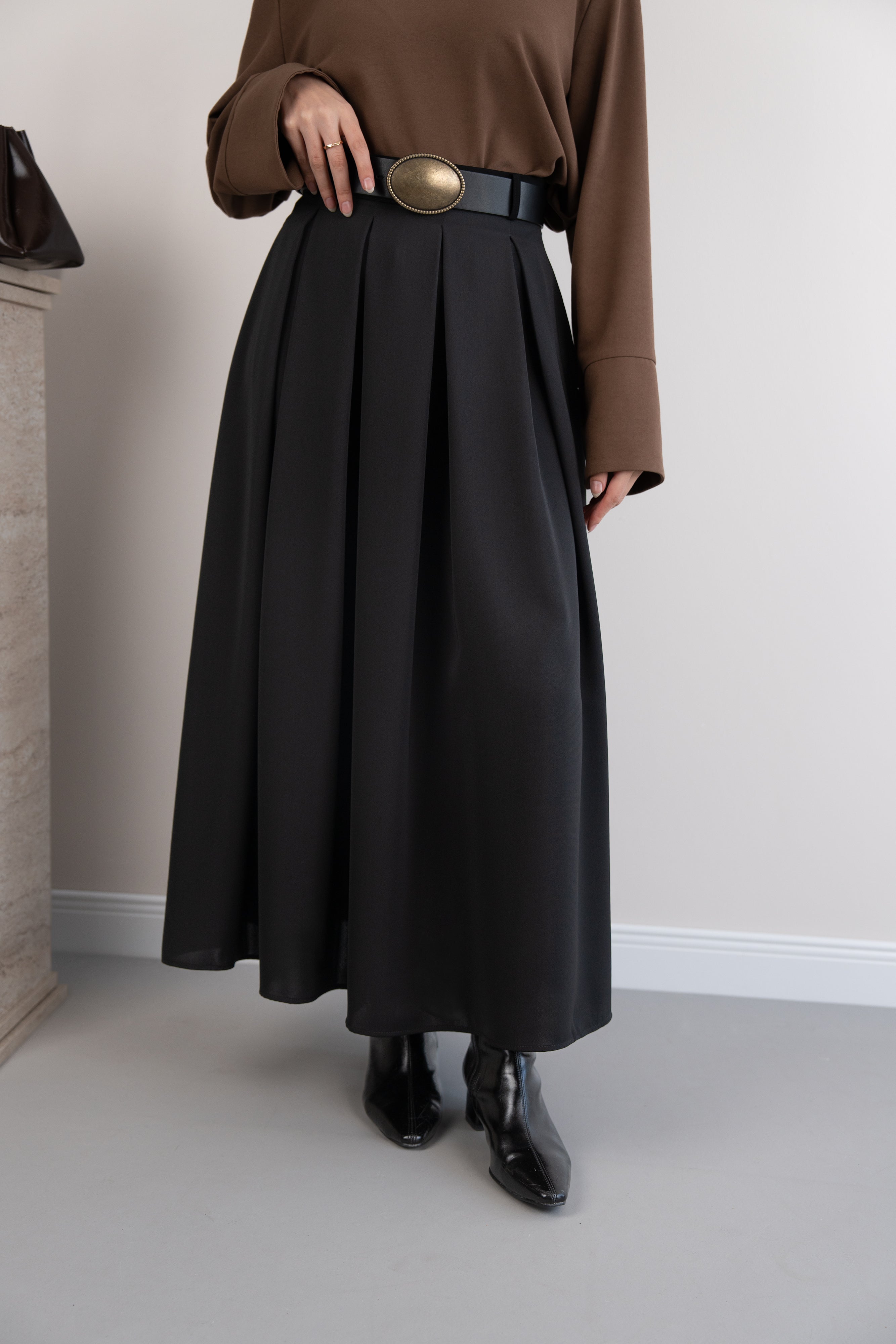 Geniş Pileli Etek SİYAH