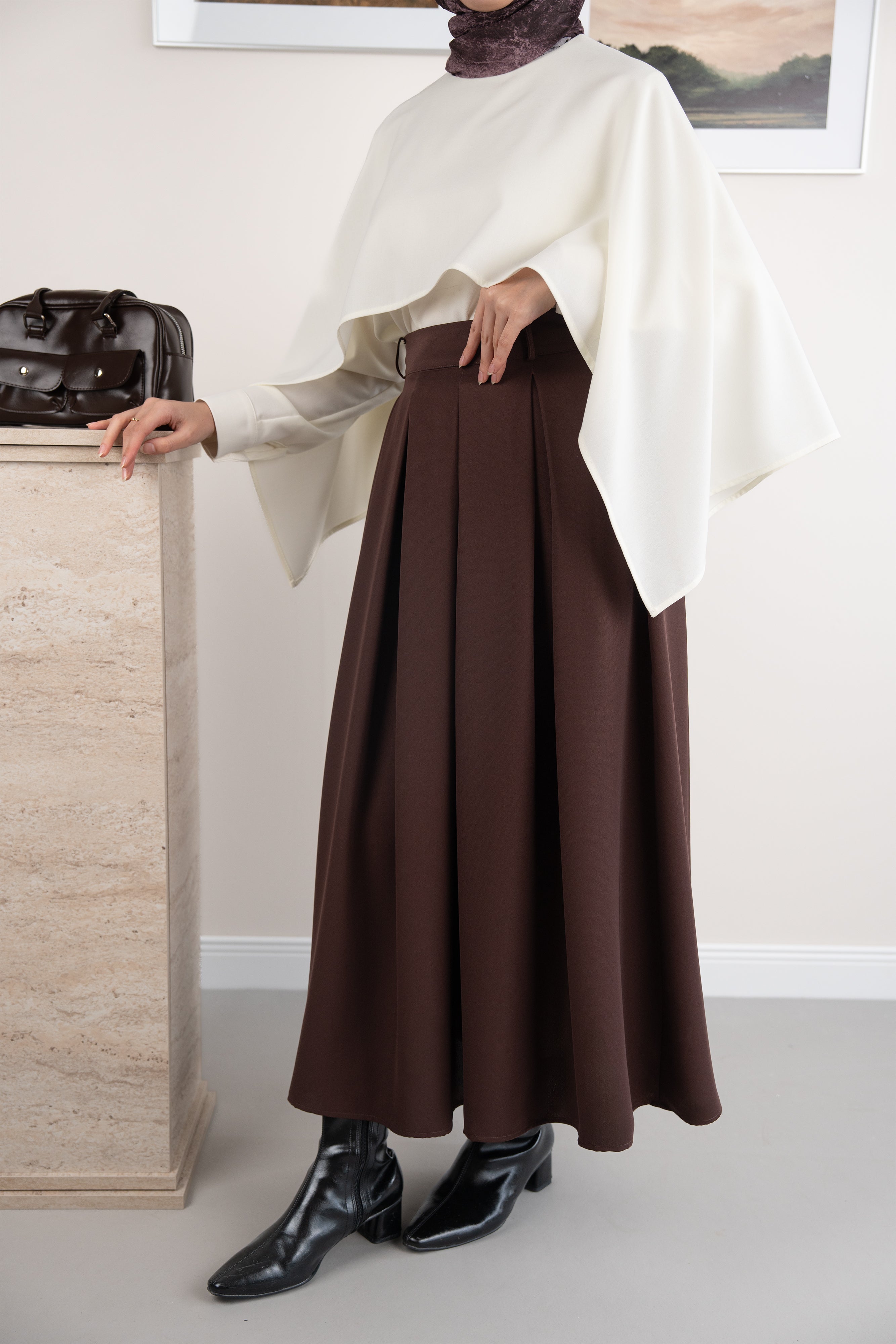 Geniş Pileli Etek KAHVERENGİ