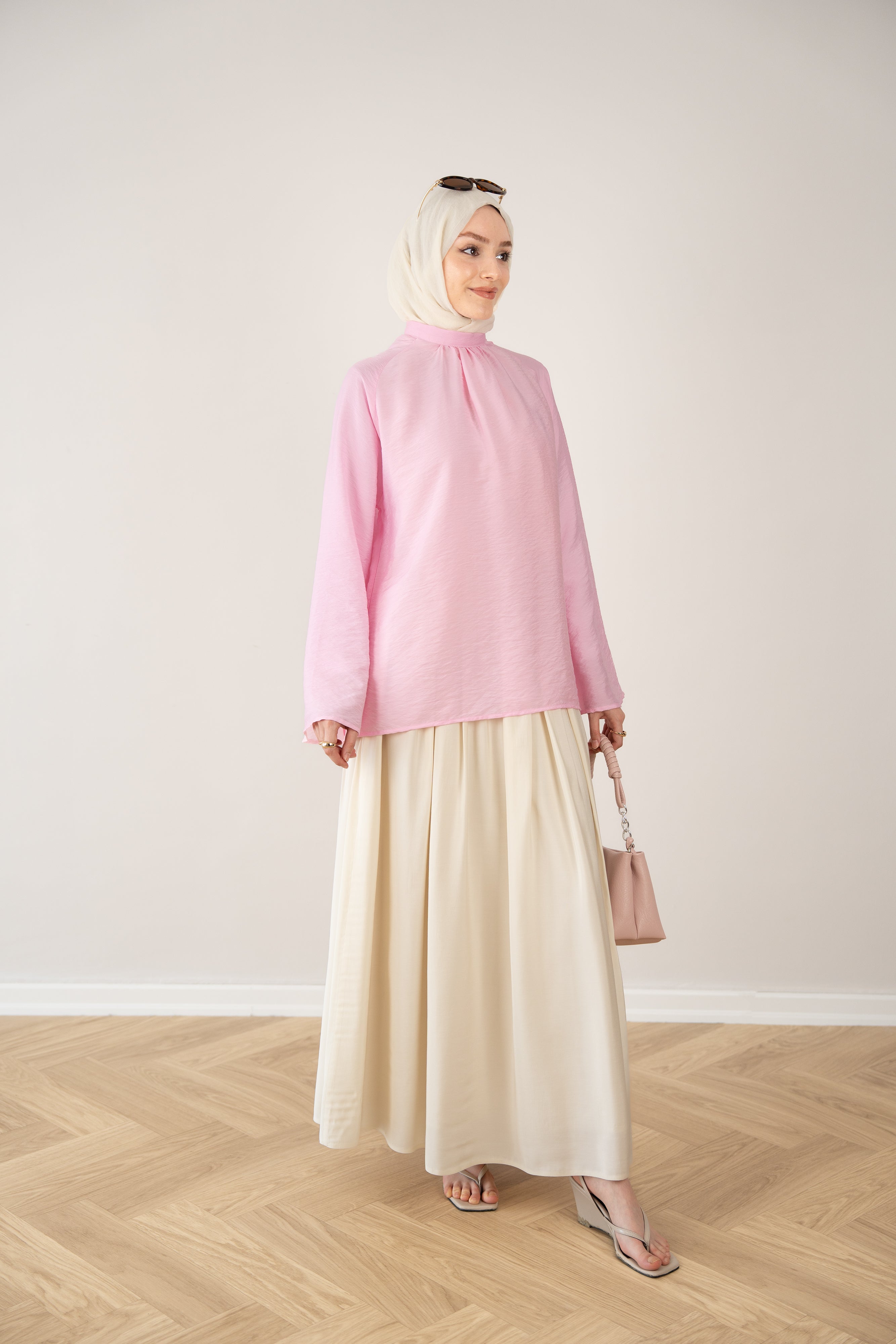 Helen Hakim Yaka Dökümlü Bluz PEMBE