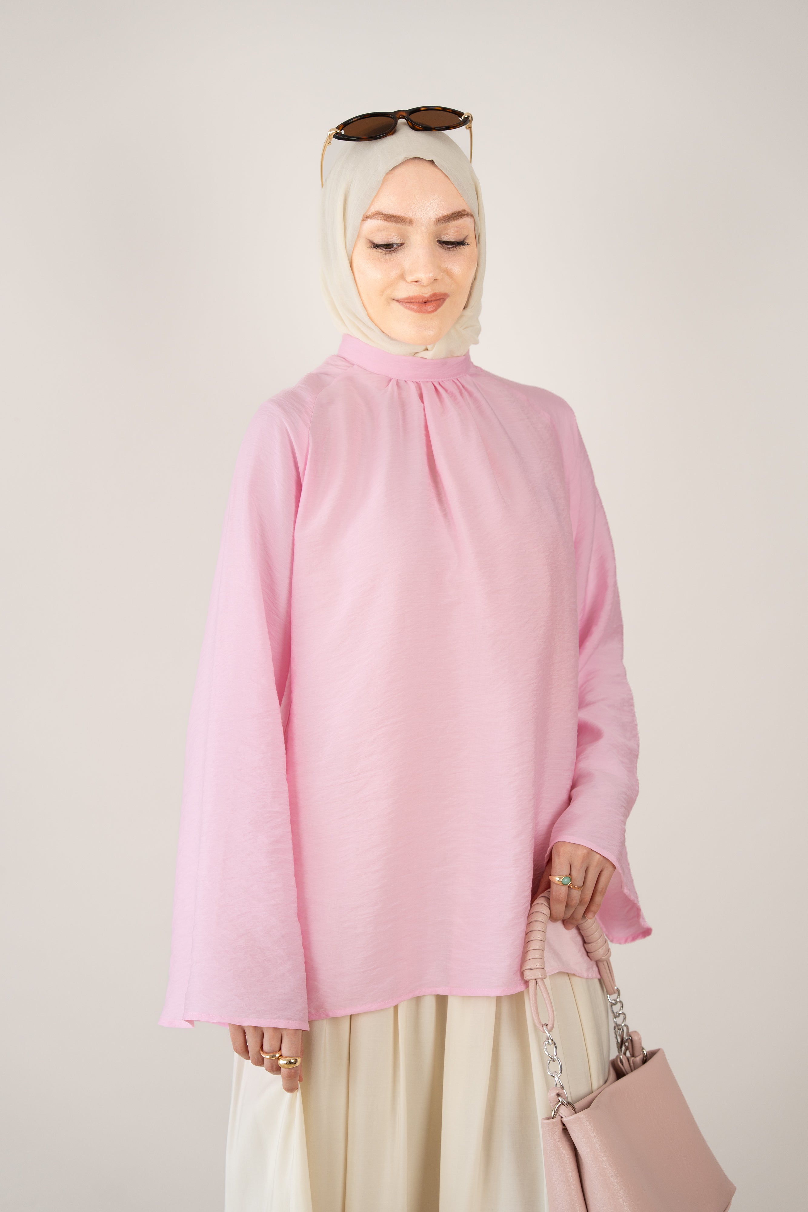 Helen Hakim Yaka Dökümlü Bluz PEMBE