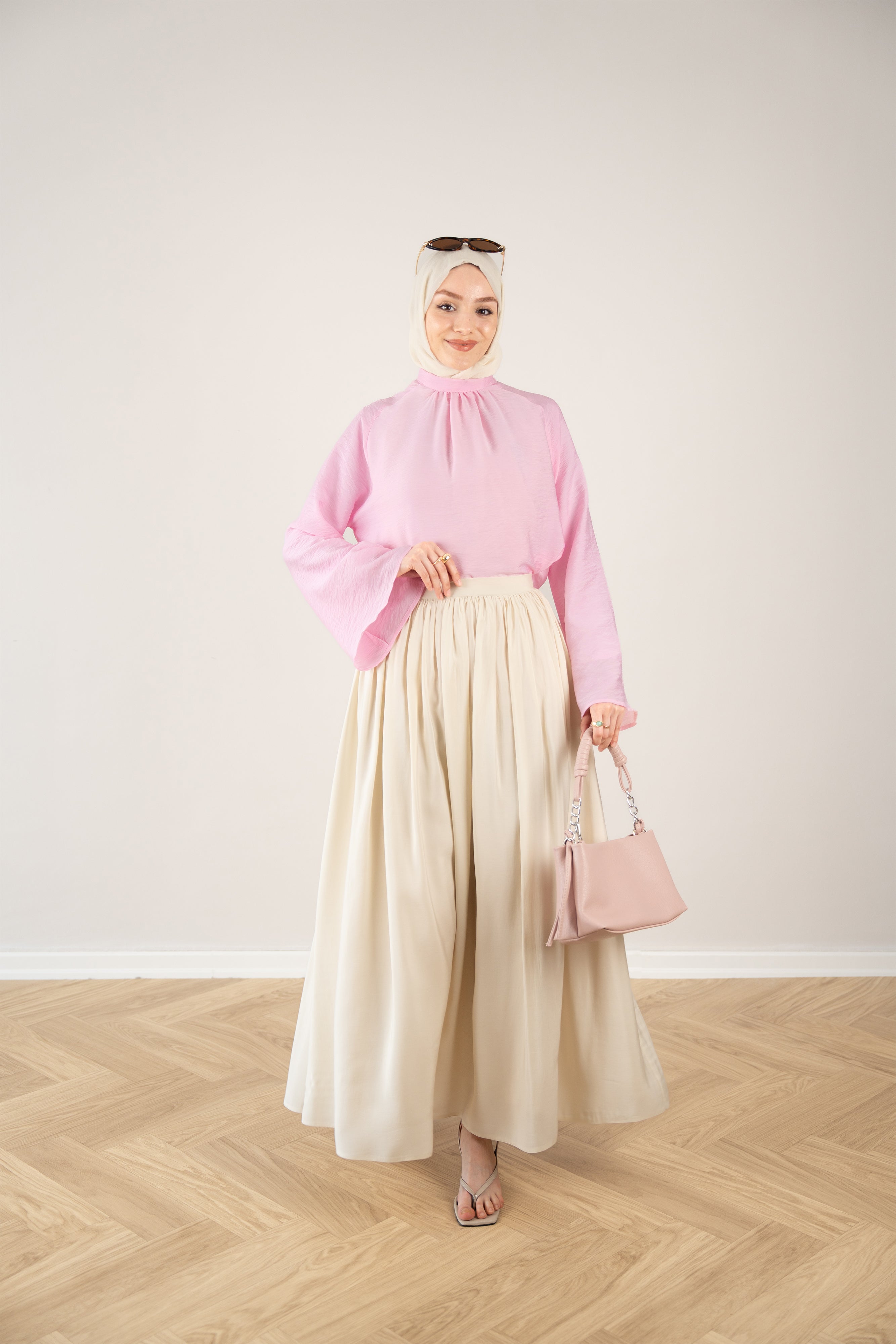 Helen Hakim Yaka Dökümlü Bluz PEMBE
