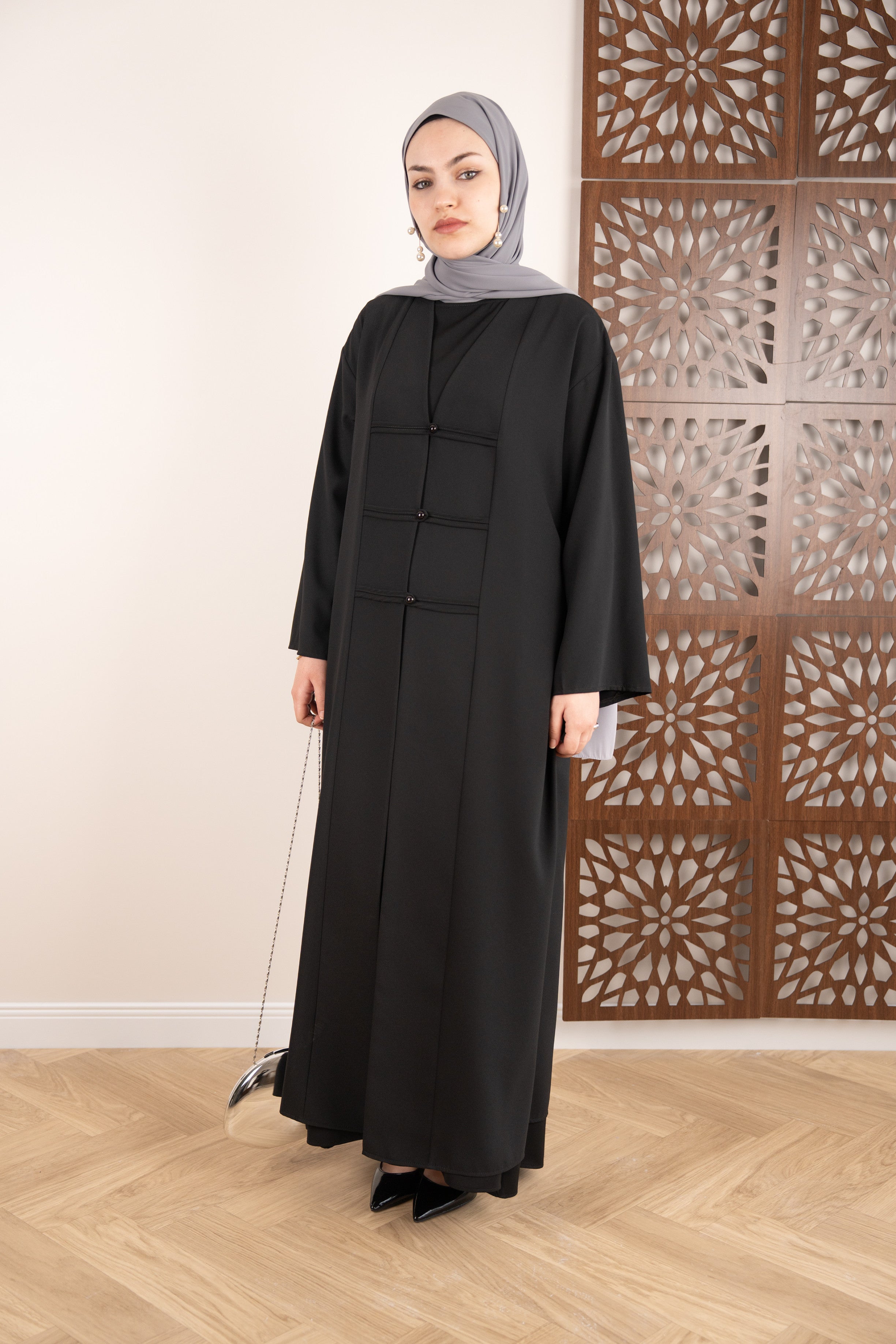 Şerit Düğmeli Abaya SİYAH