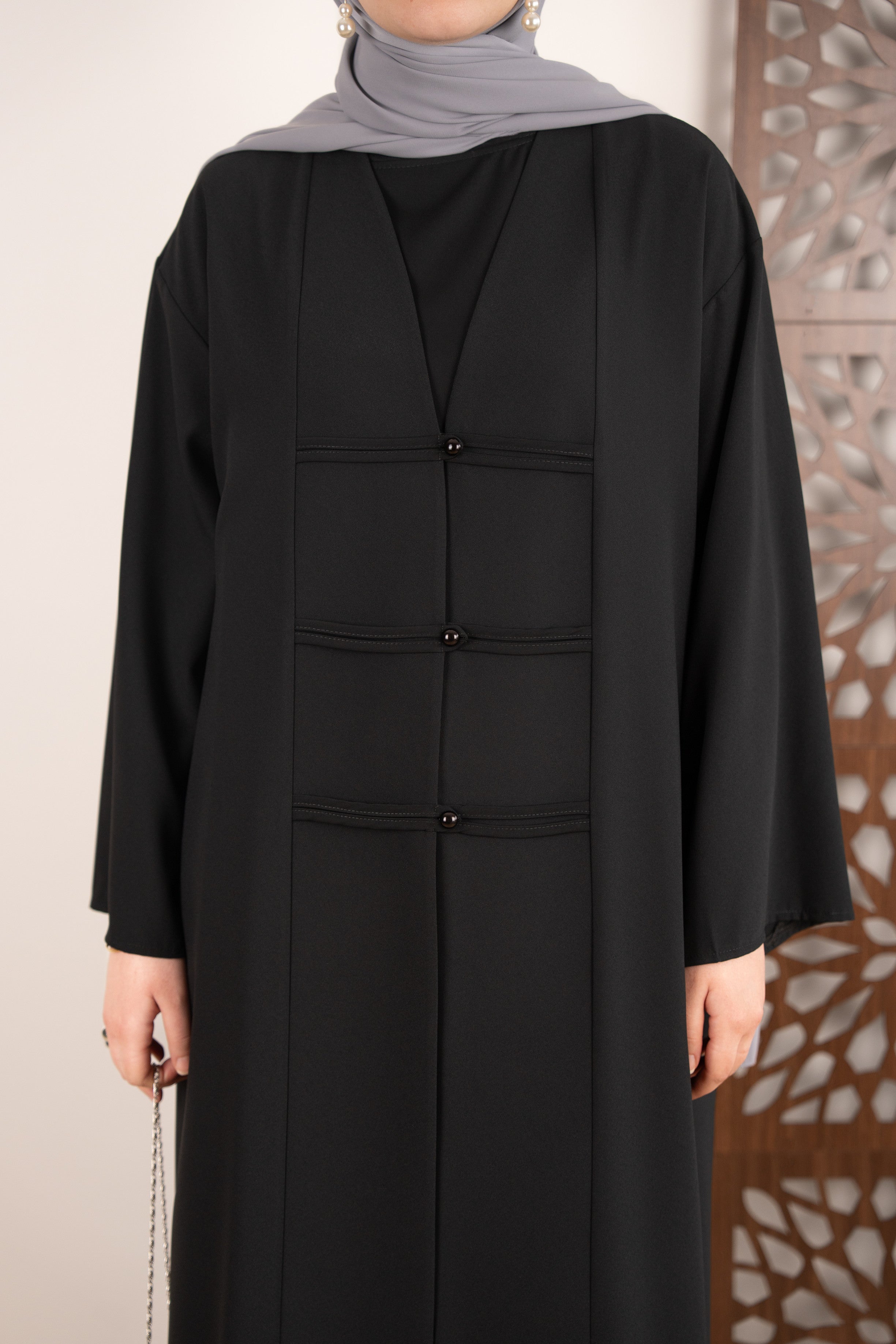 Şerit Düğmeli Abaya SİYAH