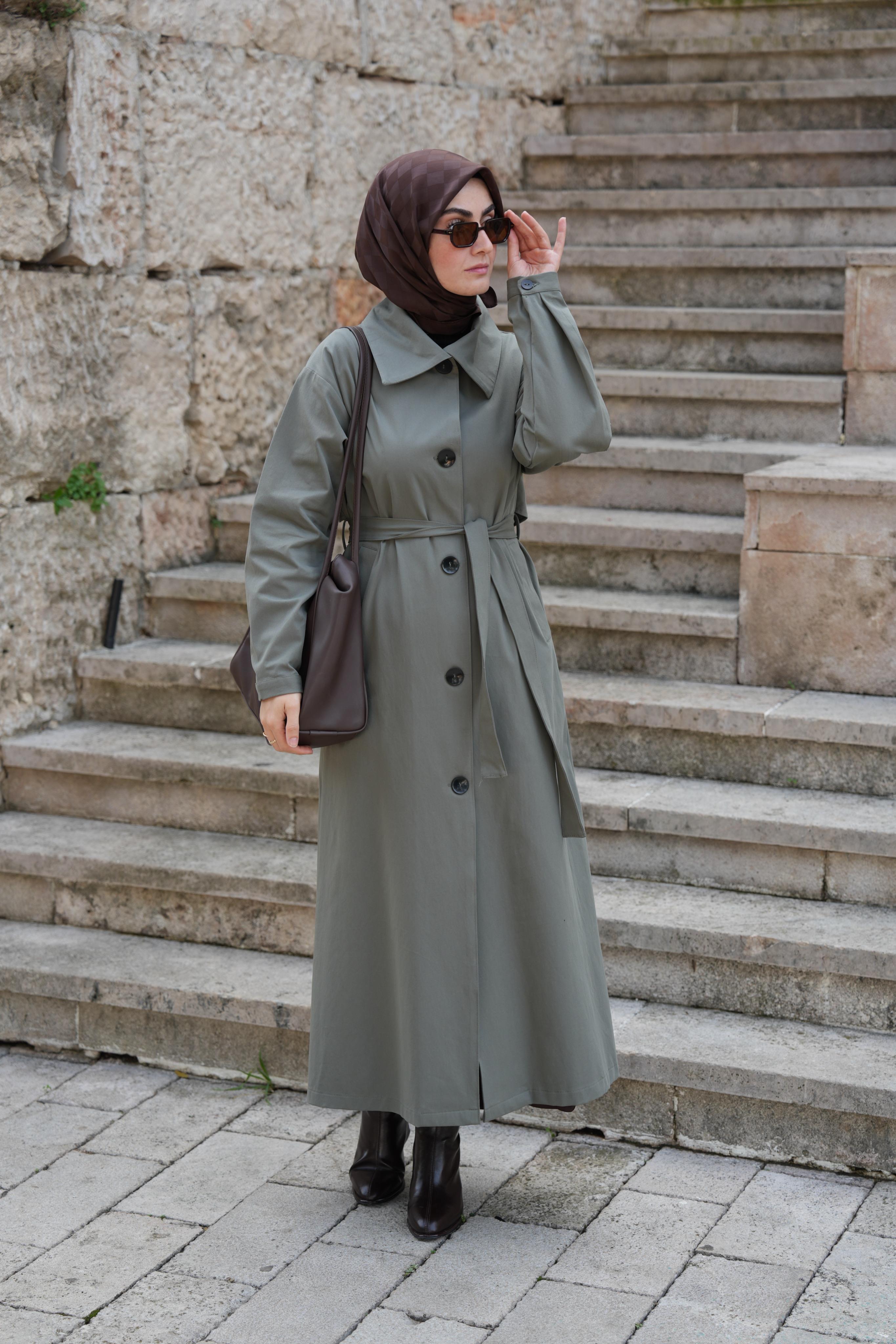 Düğmeli Tam Boy Trençkot Taş Yeşili