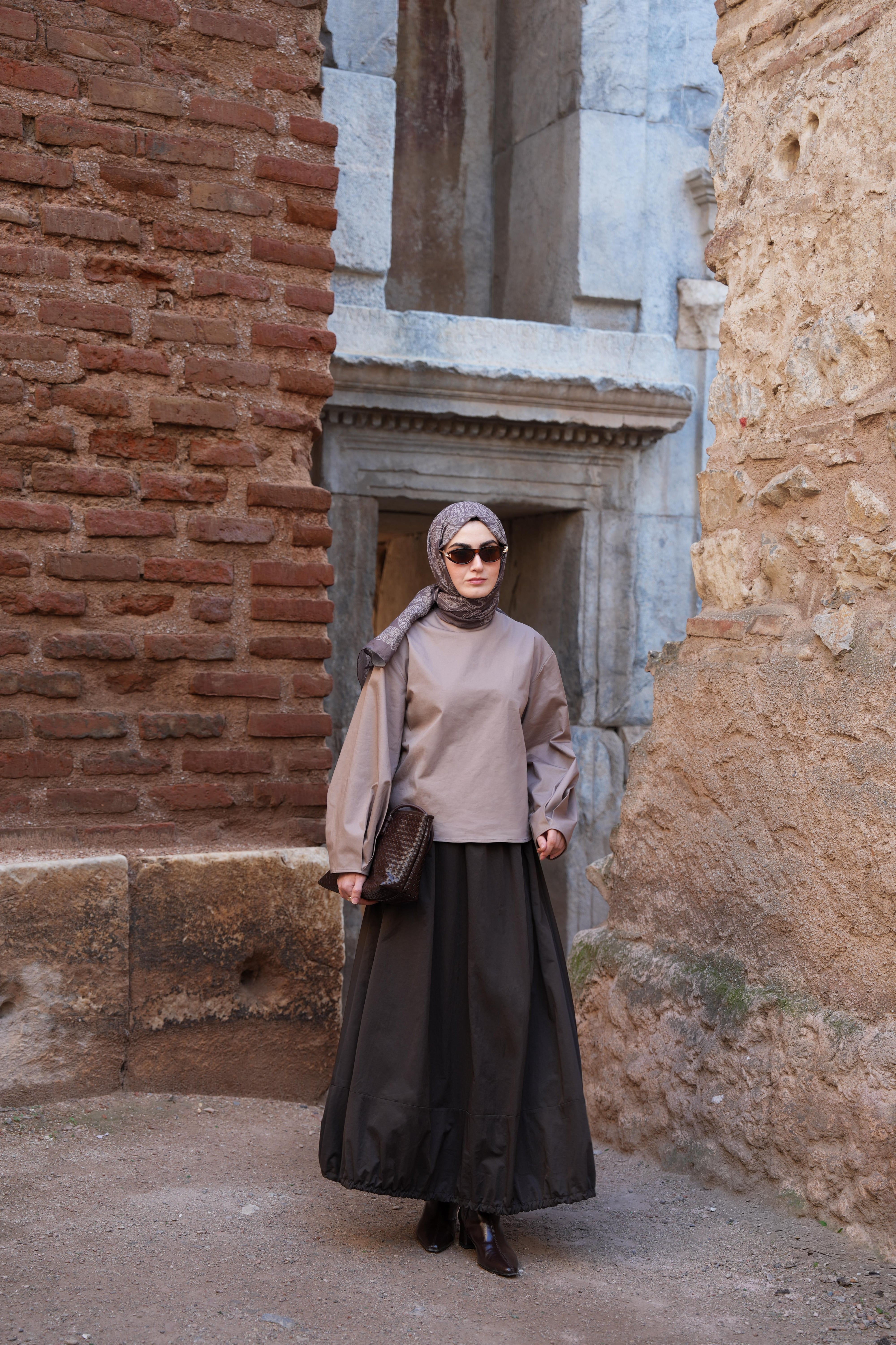 Etek Ucu Tünelli Paraşüt Etek Kahverengi