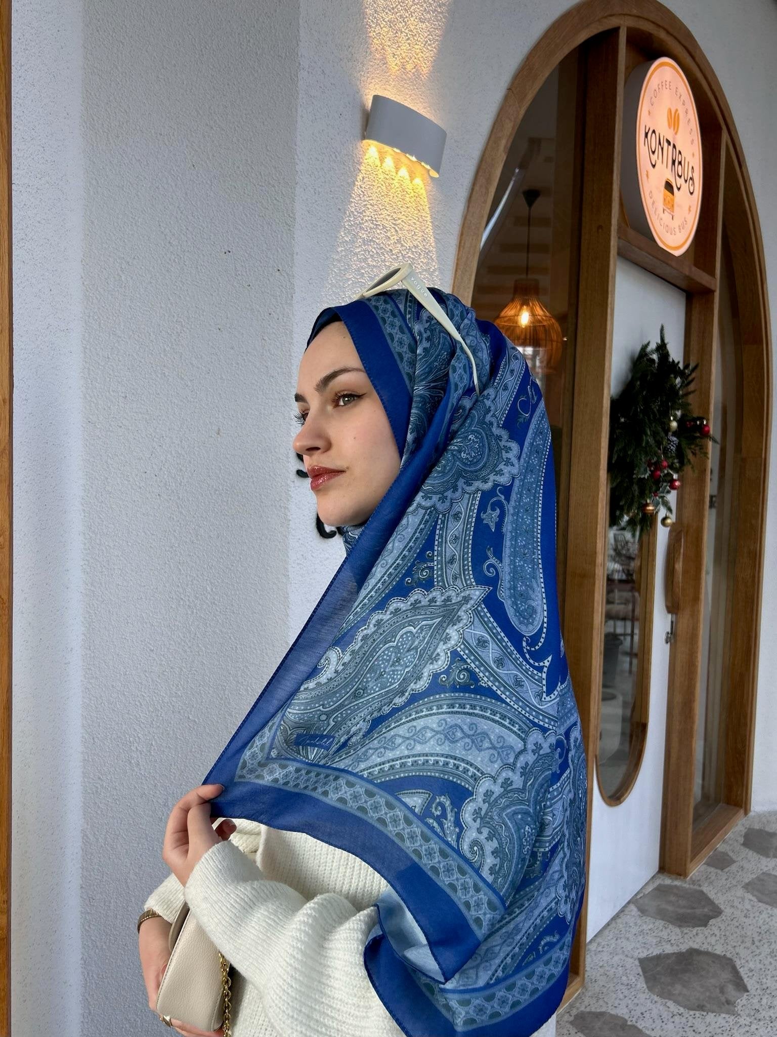 Etnik Desenli Şal Mavi